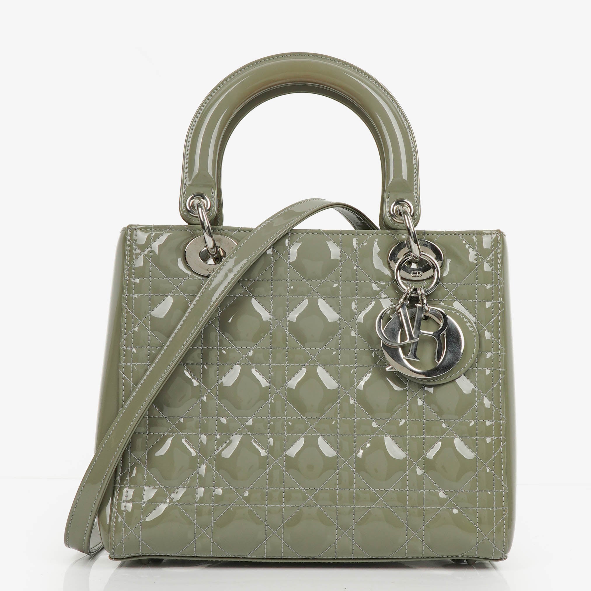 Christian Dior Medium Lady Dior Army Green Cannage Quilted Patent Leather Bag