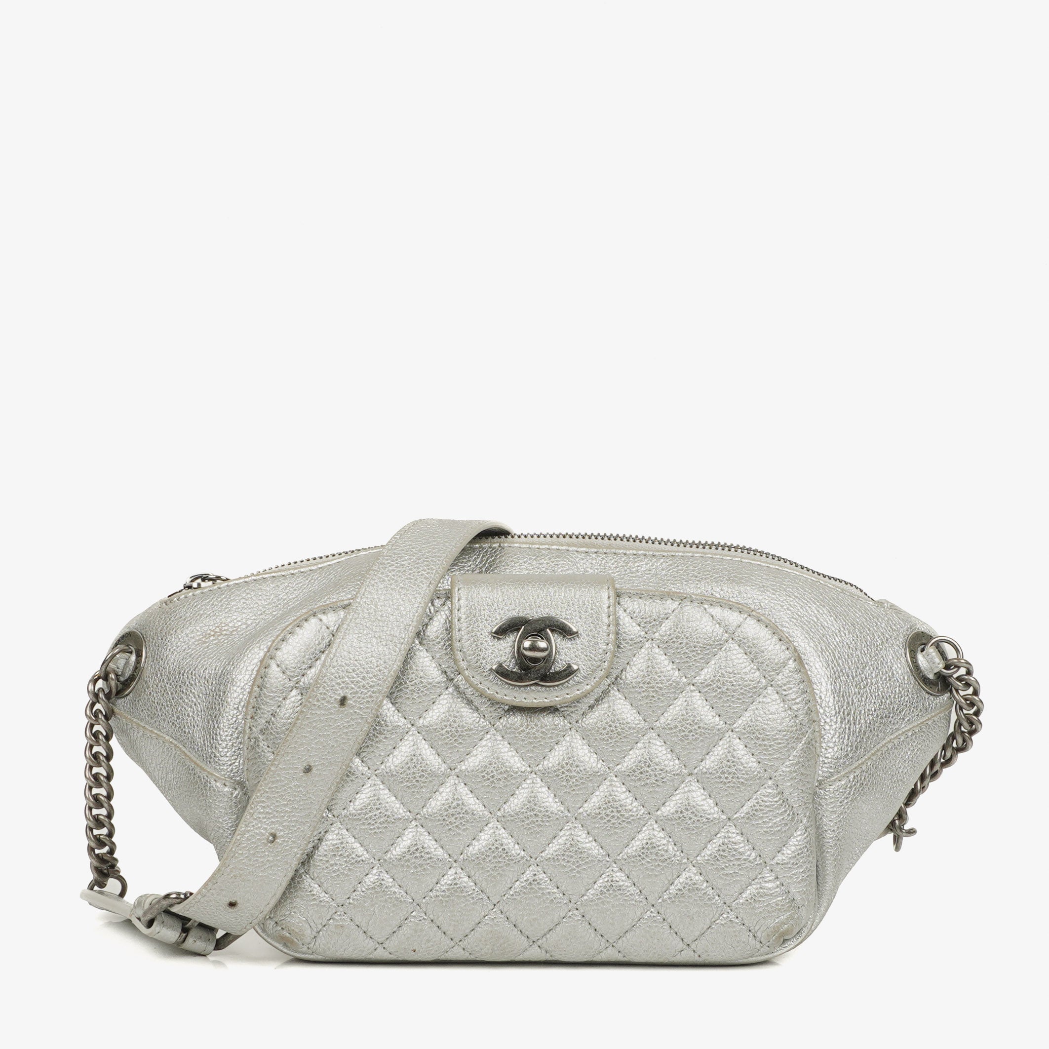 Chanel Silber Metallic Genarbtes Kalbsleder Casual Rock Bauchtasche