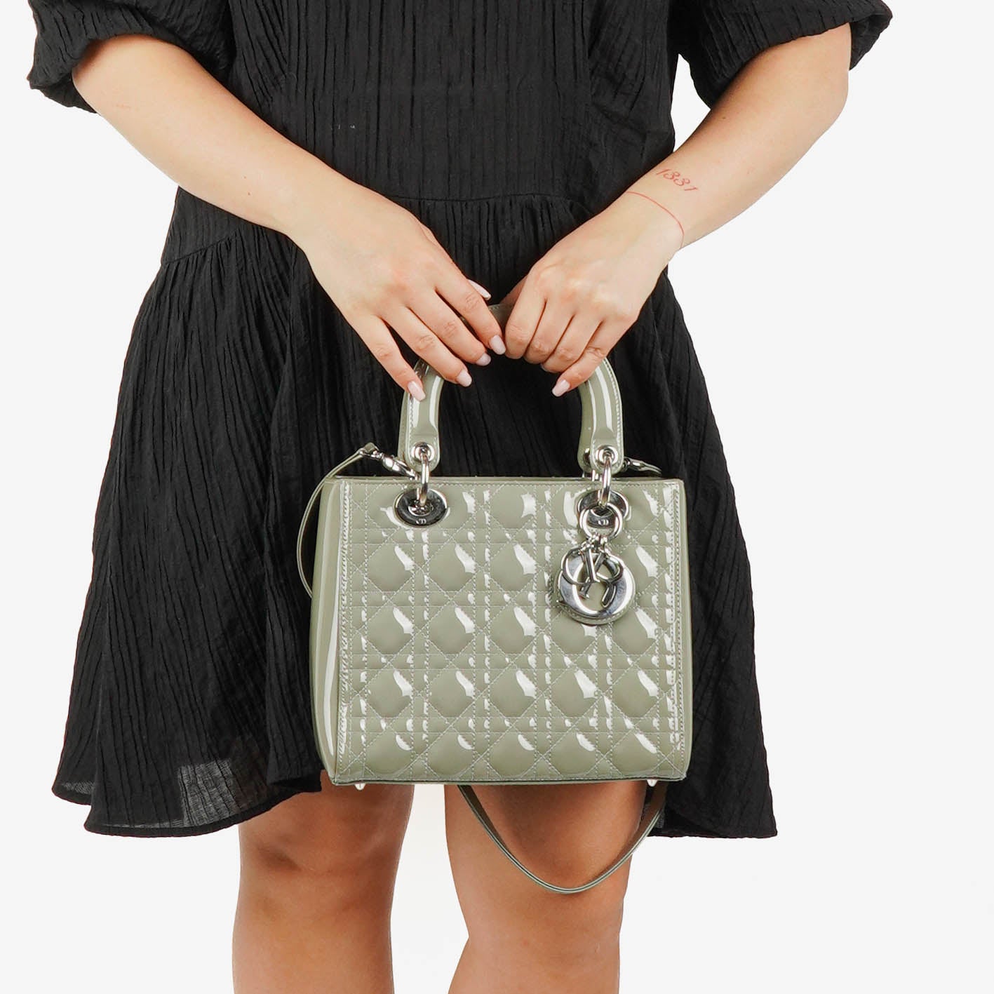 Christian Dior Medium Lady Dior Army Green Cannage Quilted Patent Leather Bag