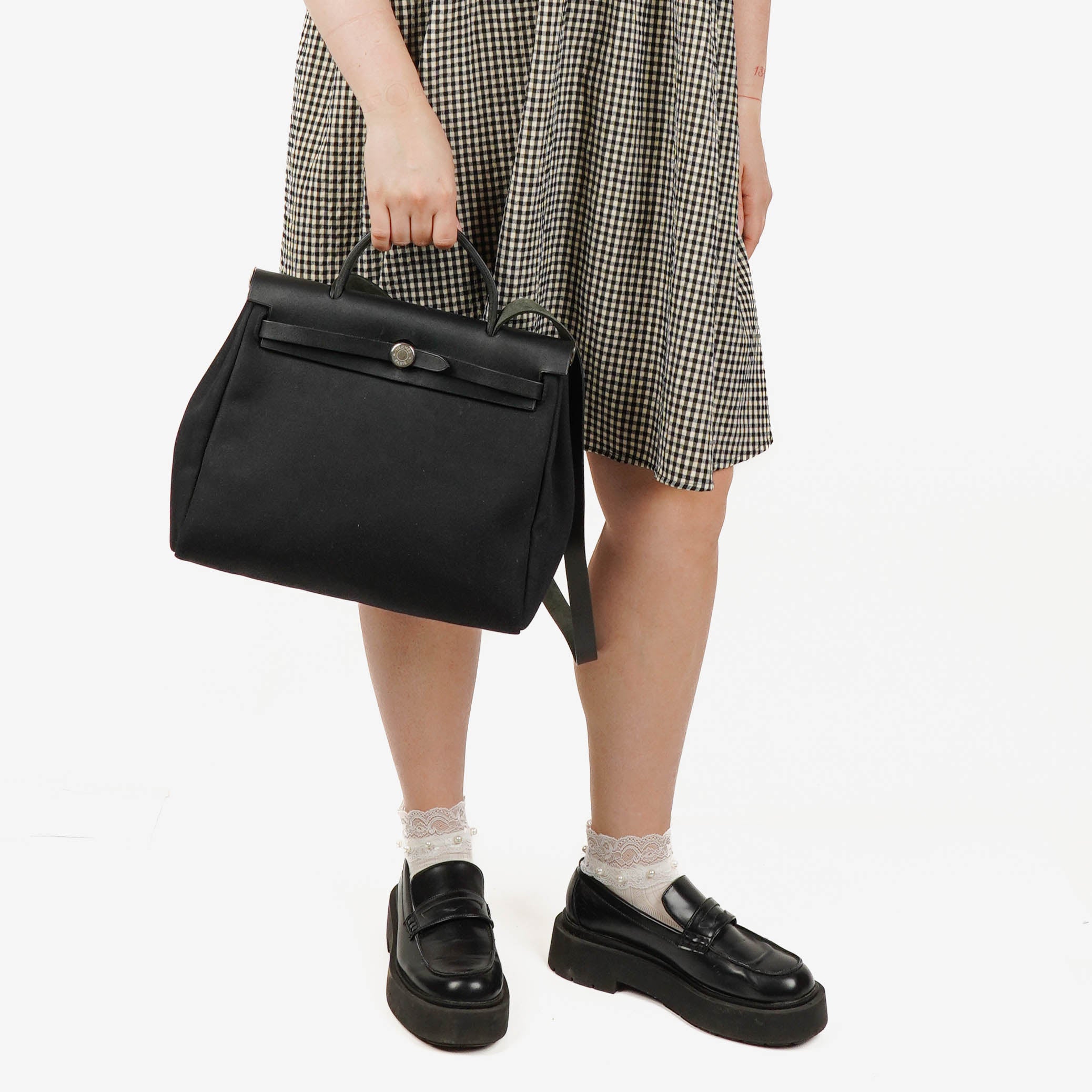 Hermes Herbag Canvas Vache Hunter Black 2 In 1 Bag