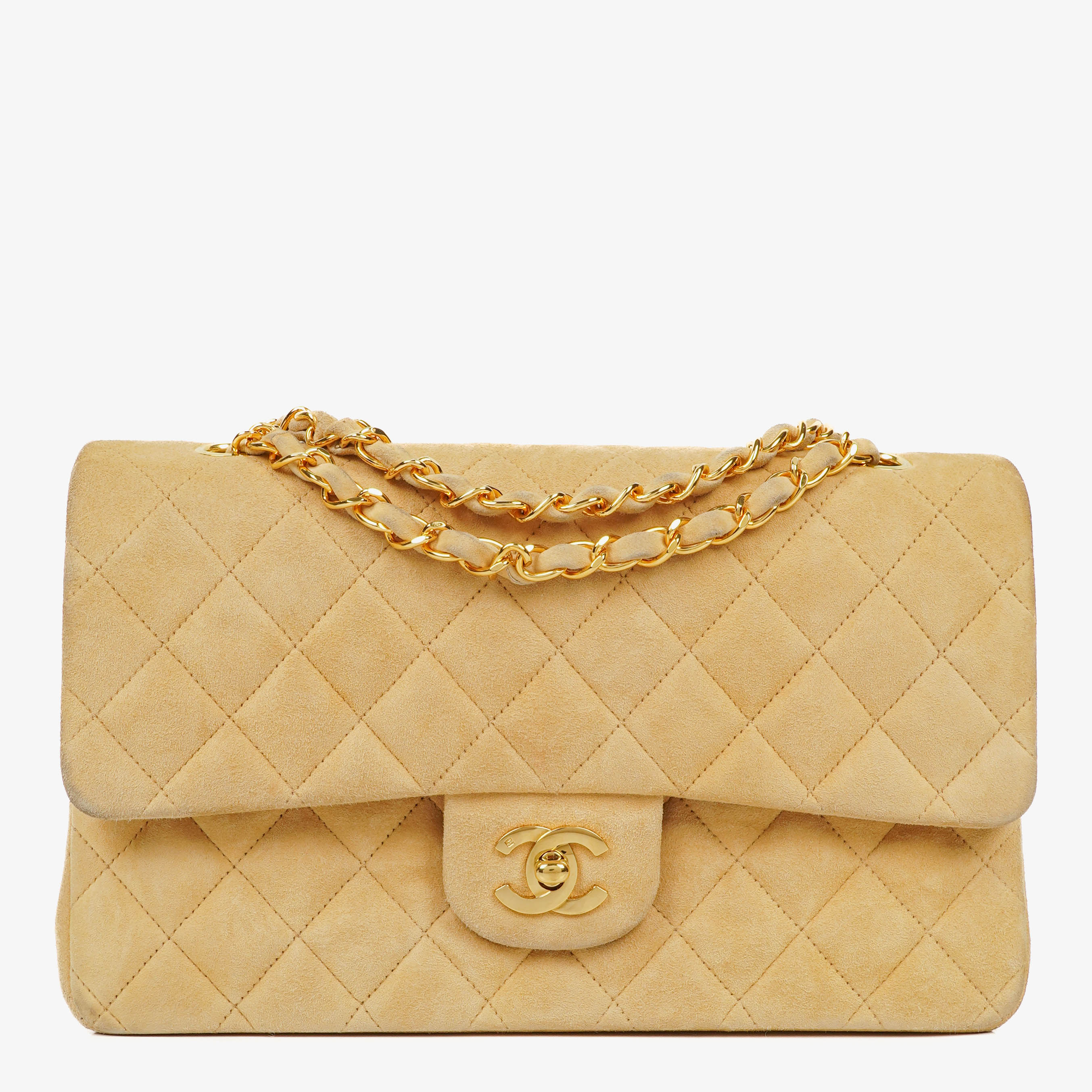 Sac double rabat classique moyen Chanel vintage beige en daim avec ferrures plaquées or 24K