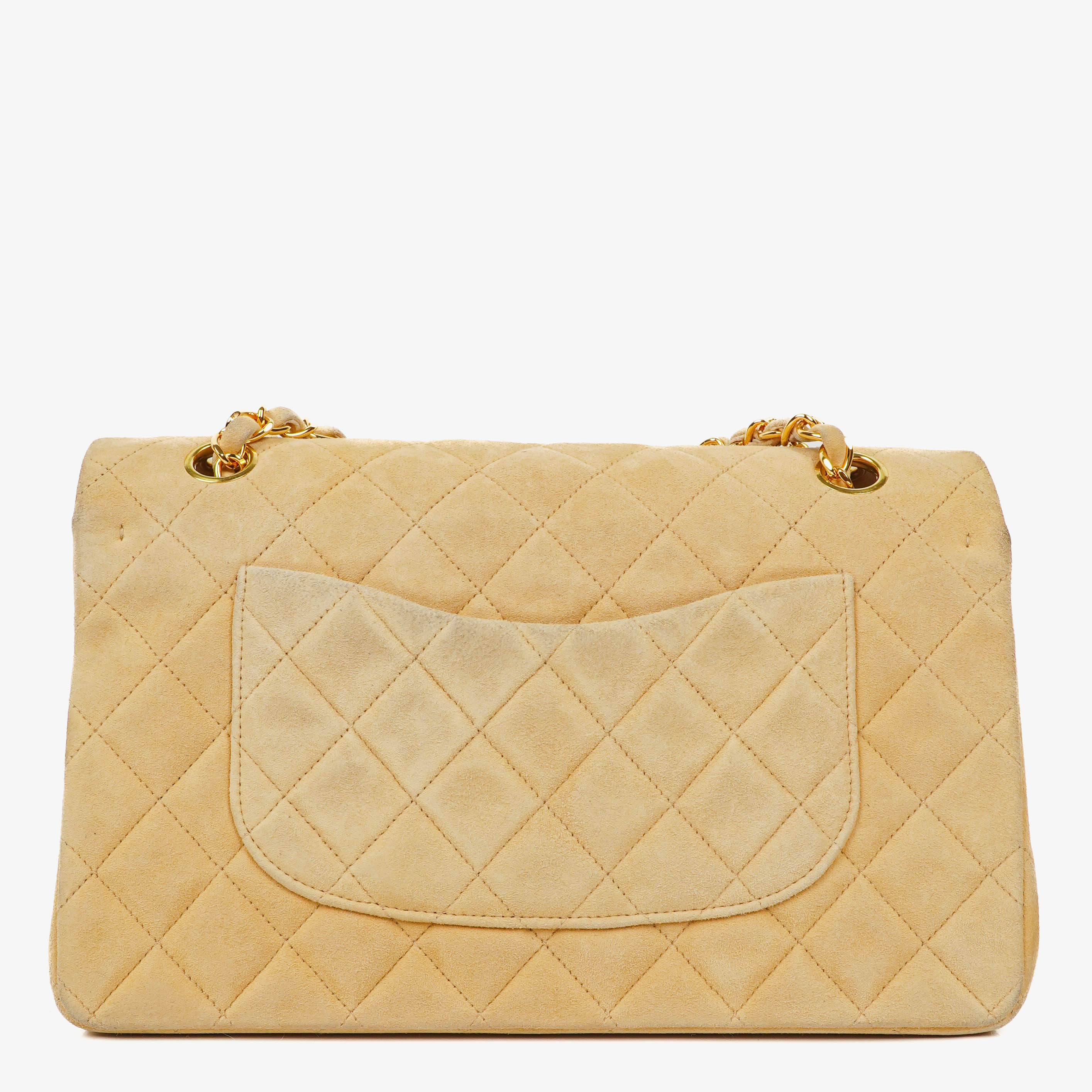 Sac double rabat classique moyen Chanel vintage beige en daim avec ferrures plaquées or 24K