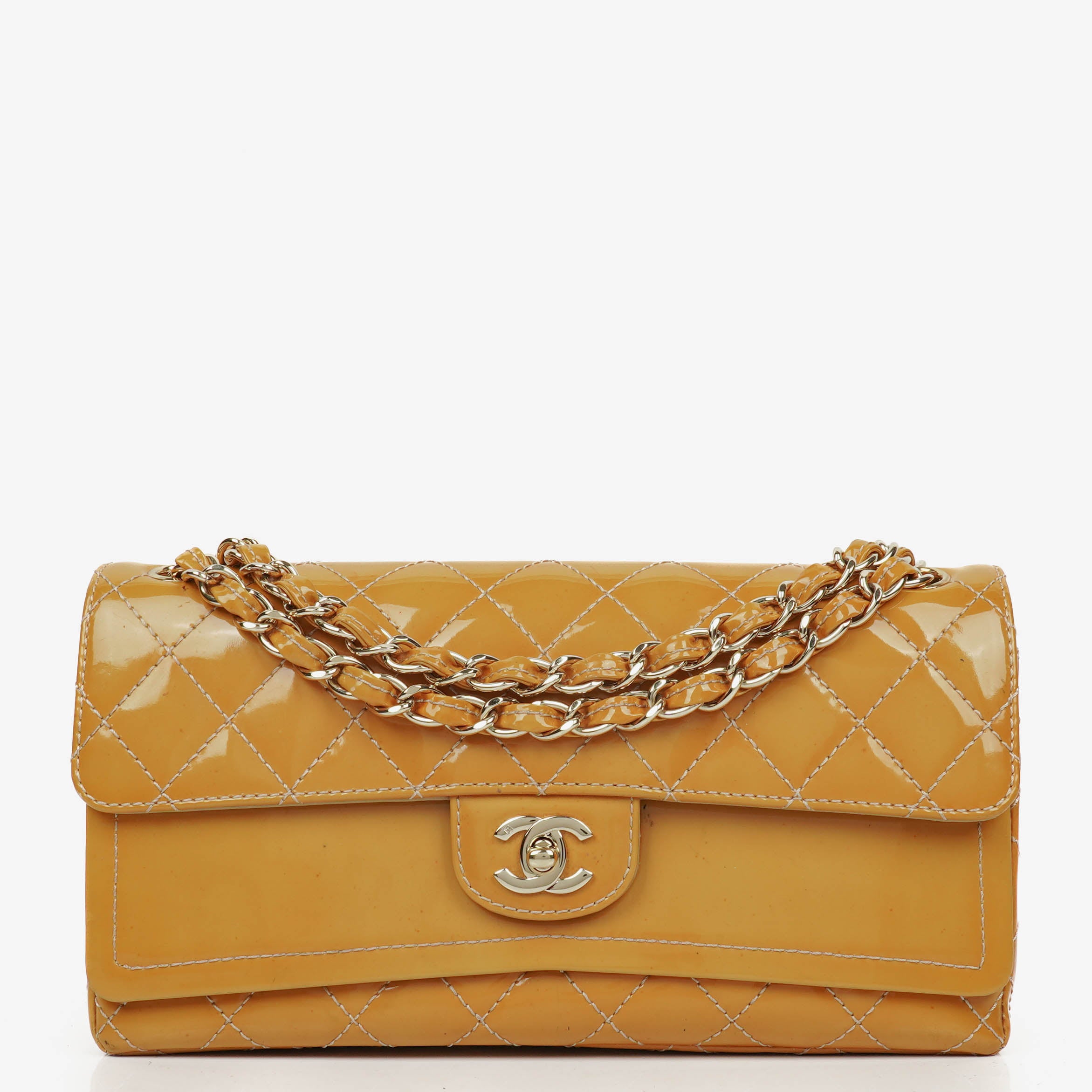 Chanel Double Flap Bag Yellow Quilted Patent Leather With Silver-Tone Hardware