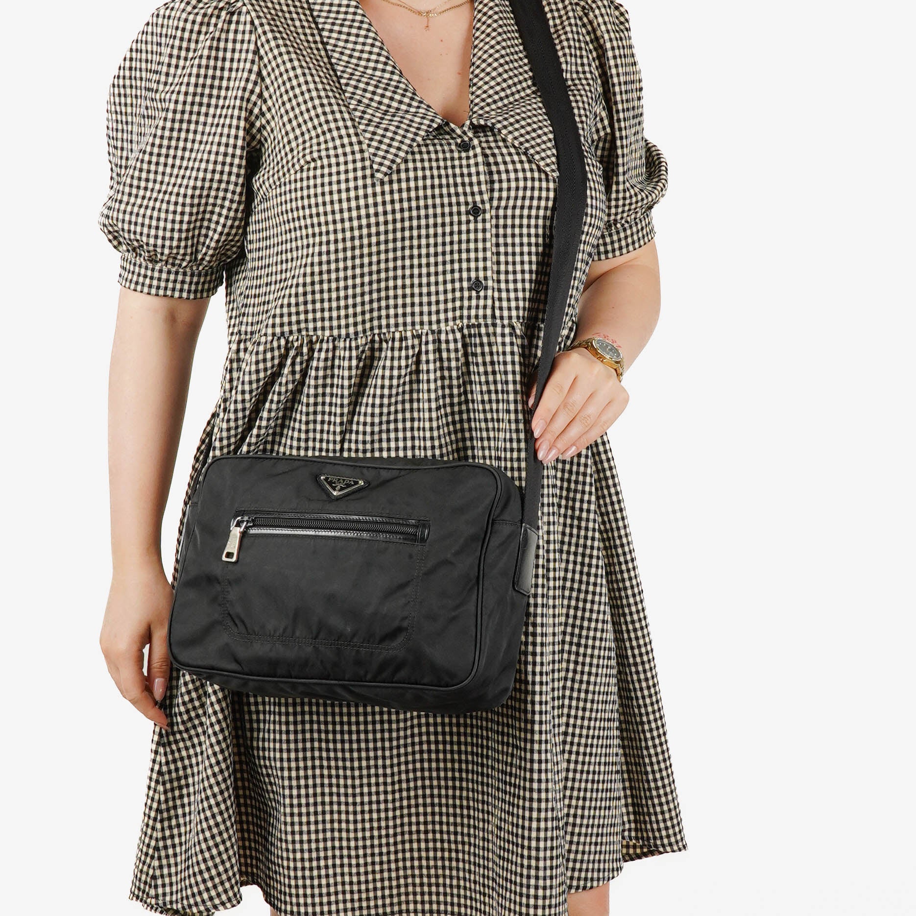 Prada Black Tessuto and Saffiano Leather Shoulder Bag