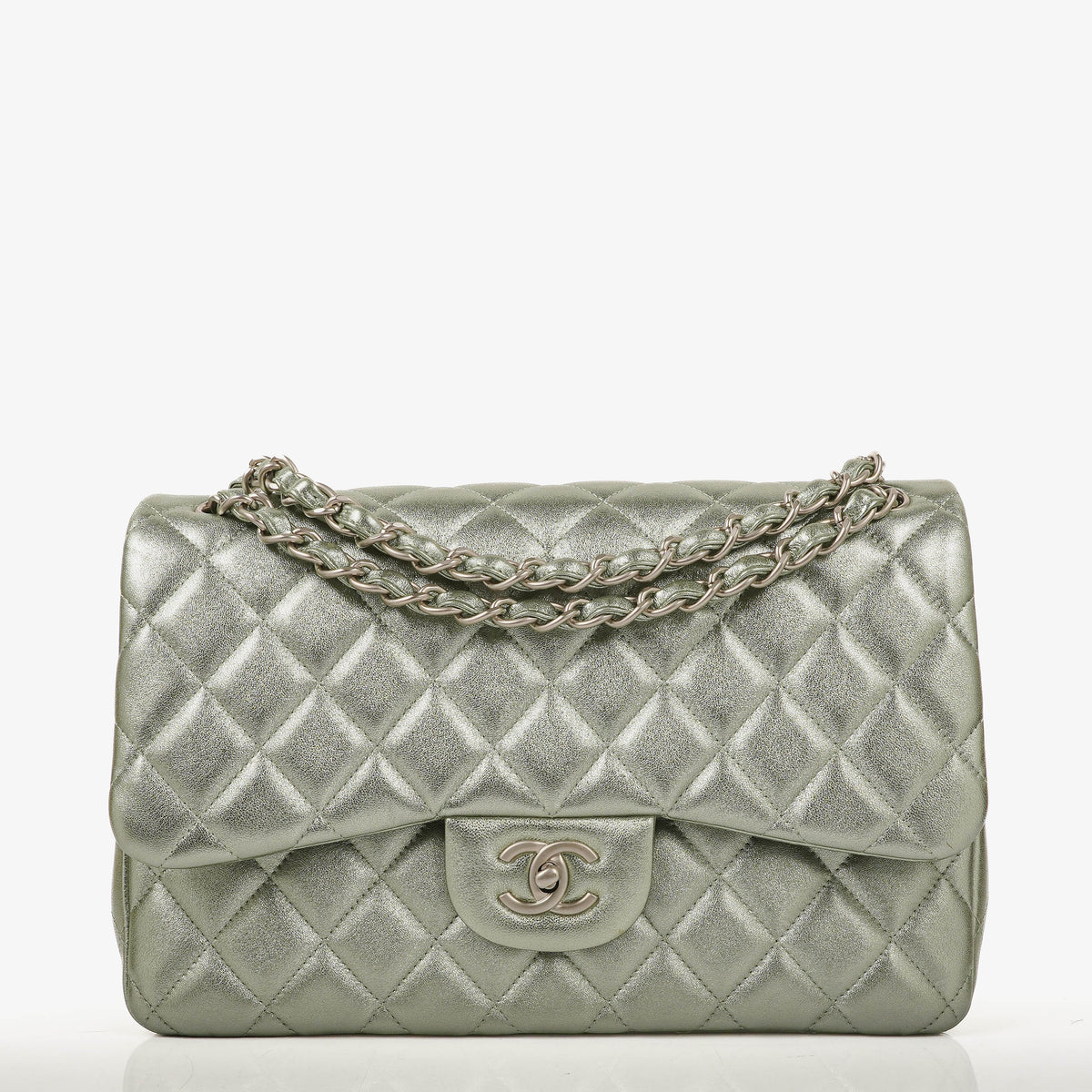Chanel Classic Metallic Green Quilted Lambskin Jumbo Double Flap Bag