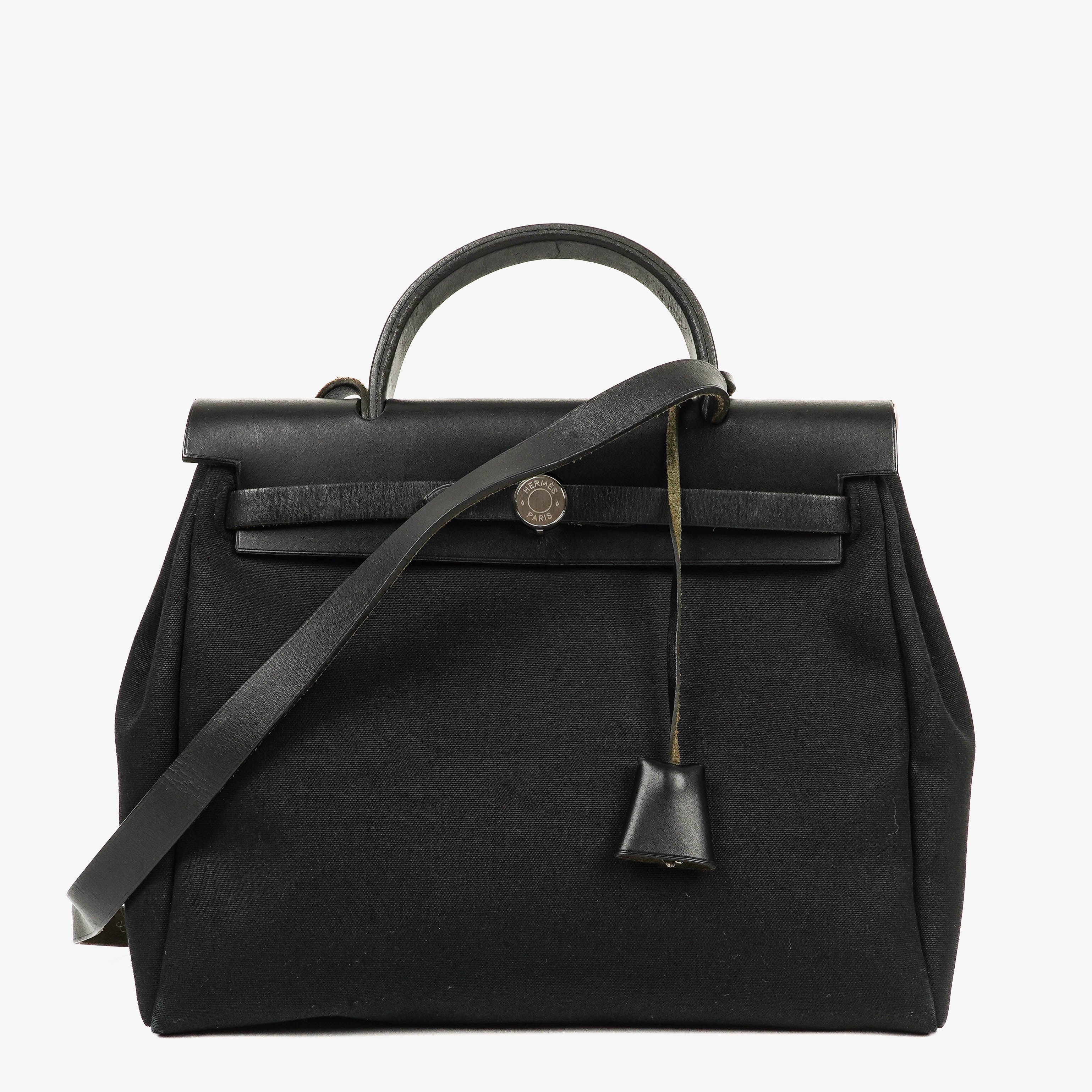 Hermes Herbag PM Vache Hunter Noir Canvas 2 Way With Palladium Hardware