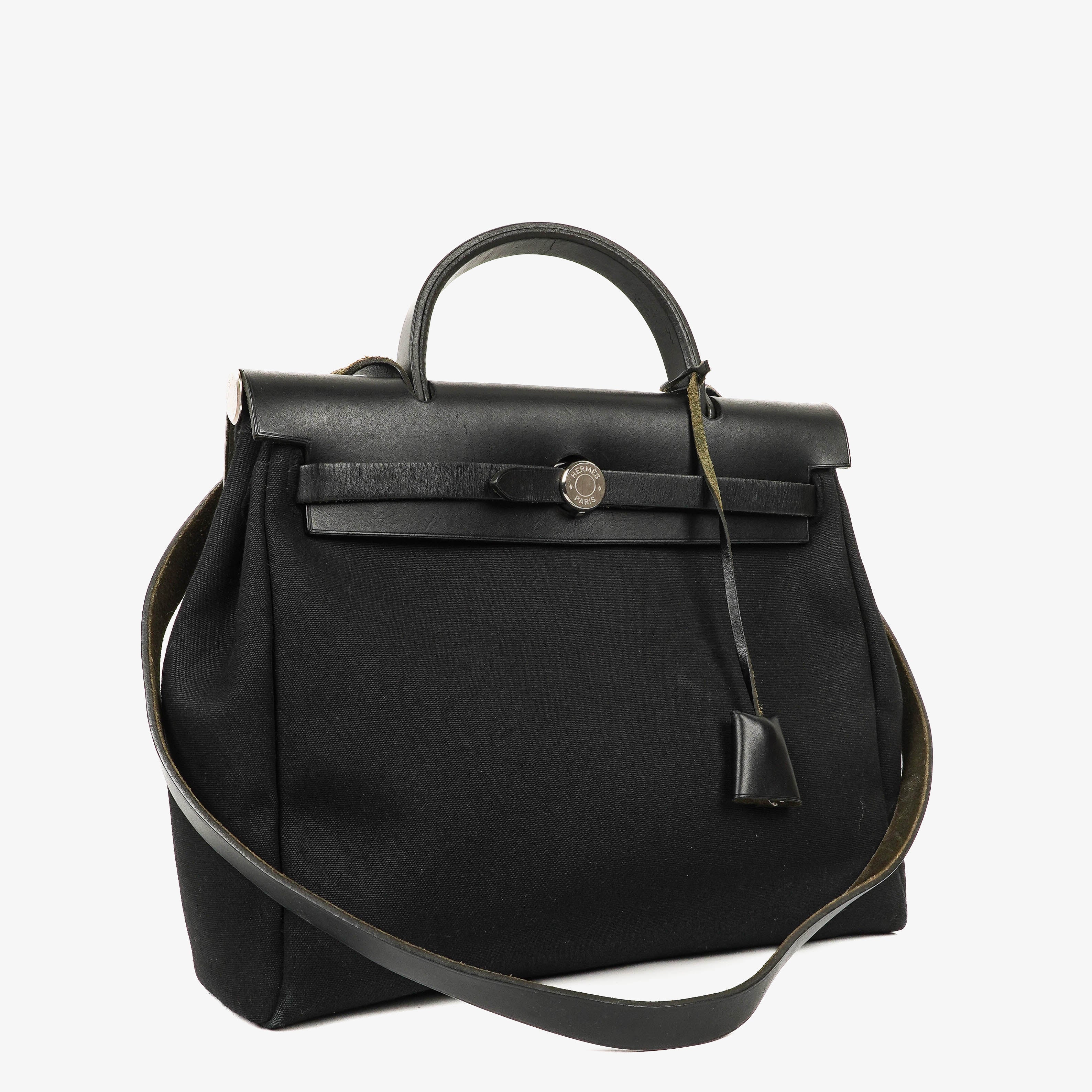 Hermes Herbag PM Vache Hunter Noir Canvas 2 Way With Palladium Hardware