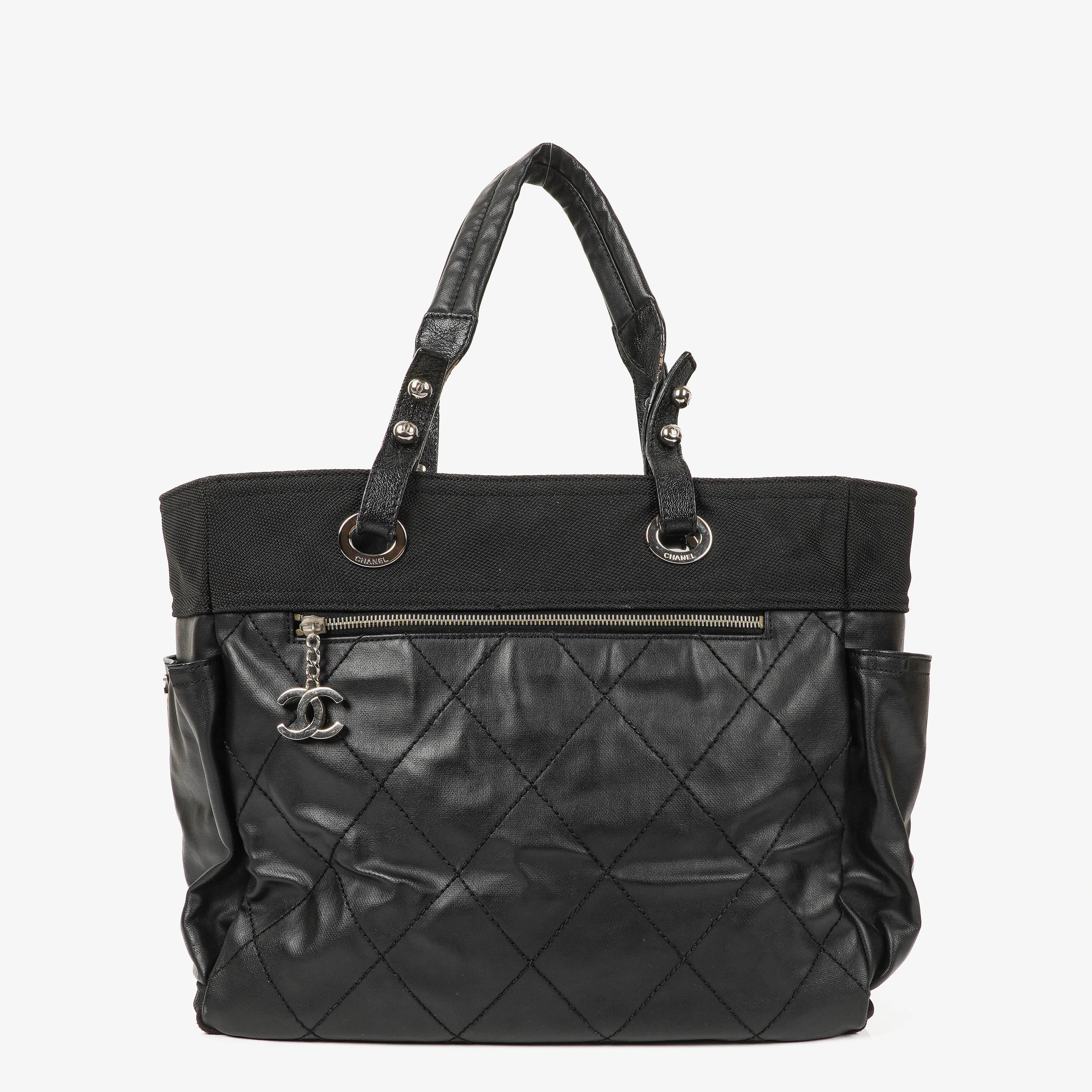 Chanel Paris-Biarritz Black Quilted Coated Canvas Grand Shopping Tote Bag