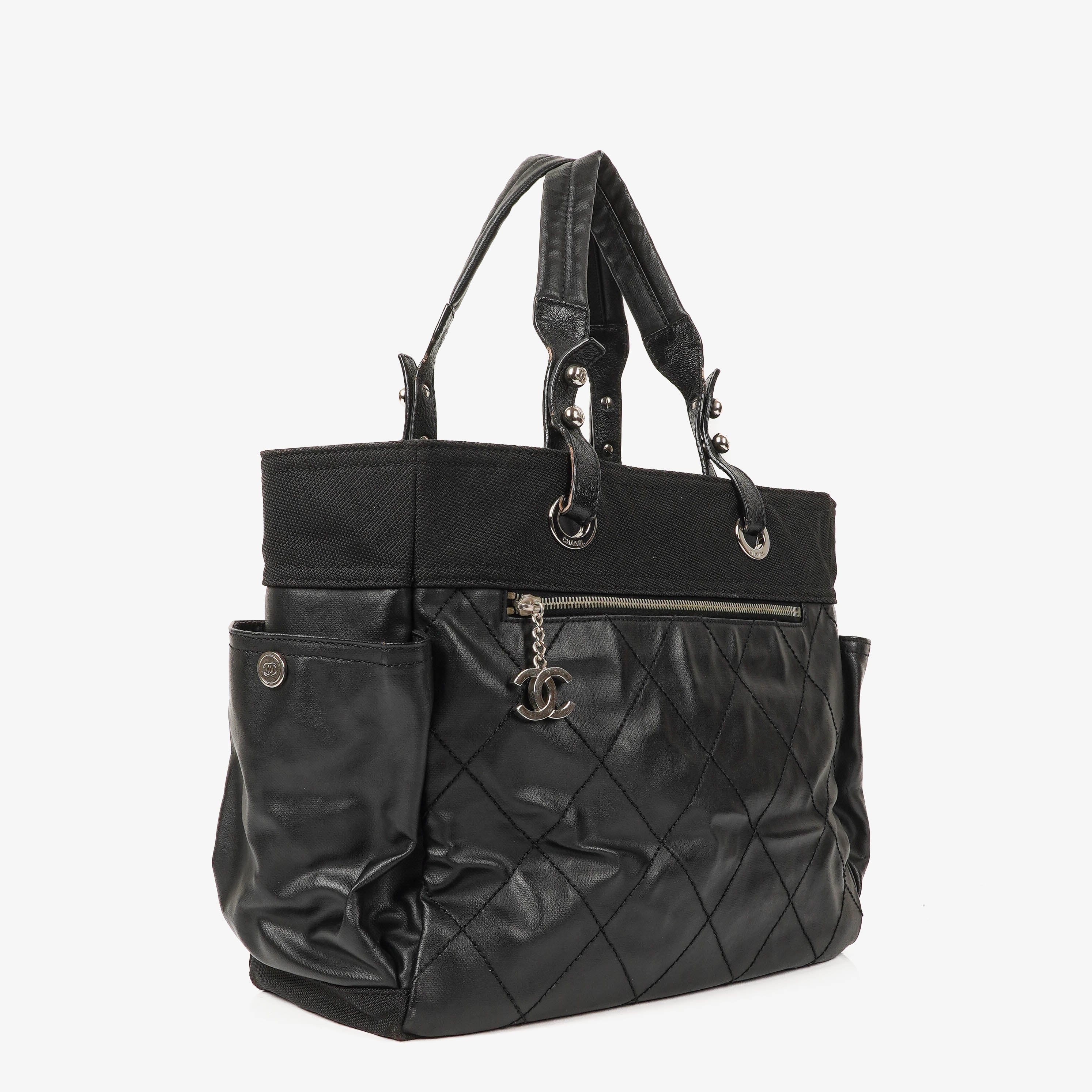Chanel Paris-Biarritz Black Quilted Coated Canvas Grand Shopping Tote Bag