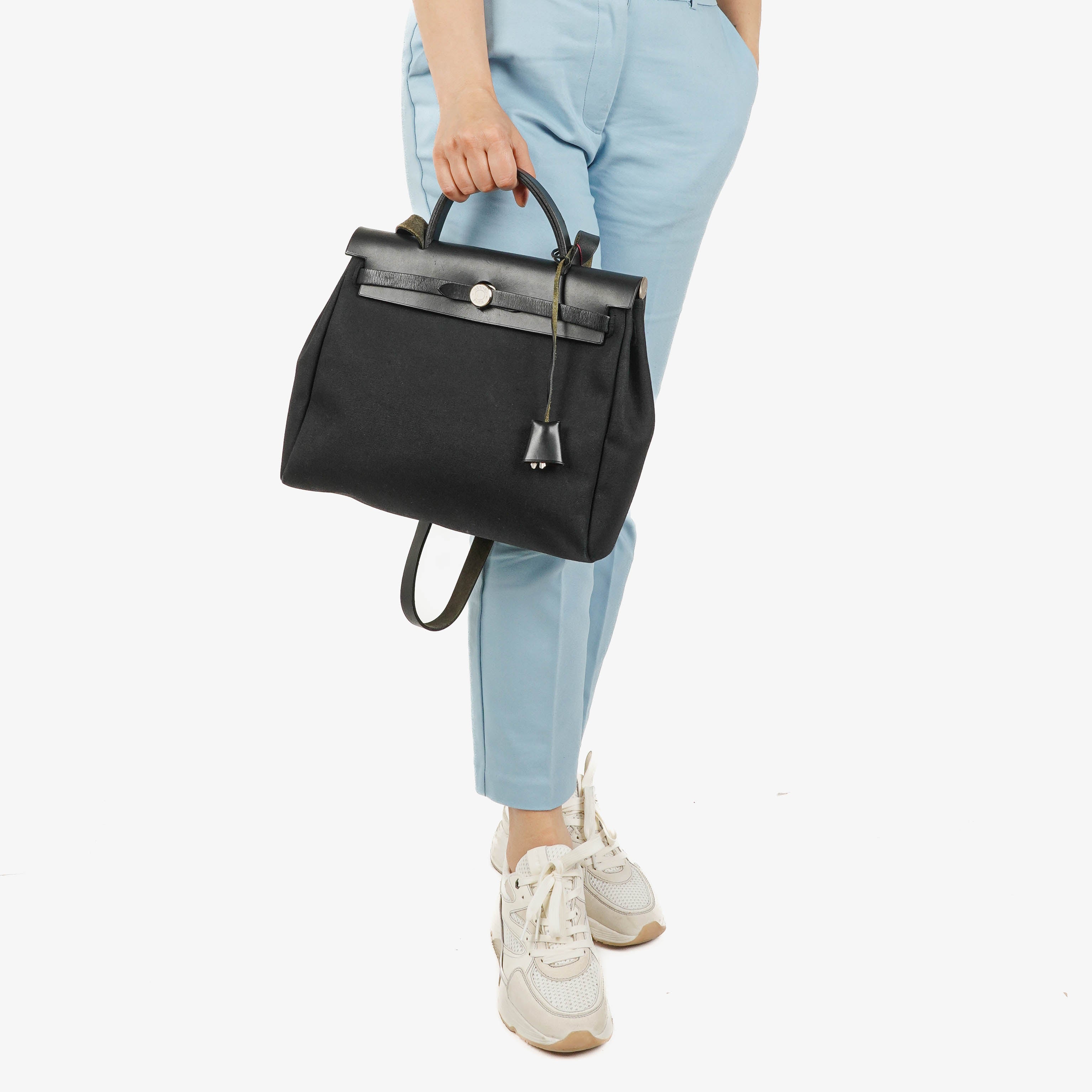 Hermes Herbag PM Vache Hunter Noir Canvas 2 Way With Palladium Hardware