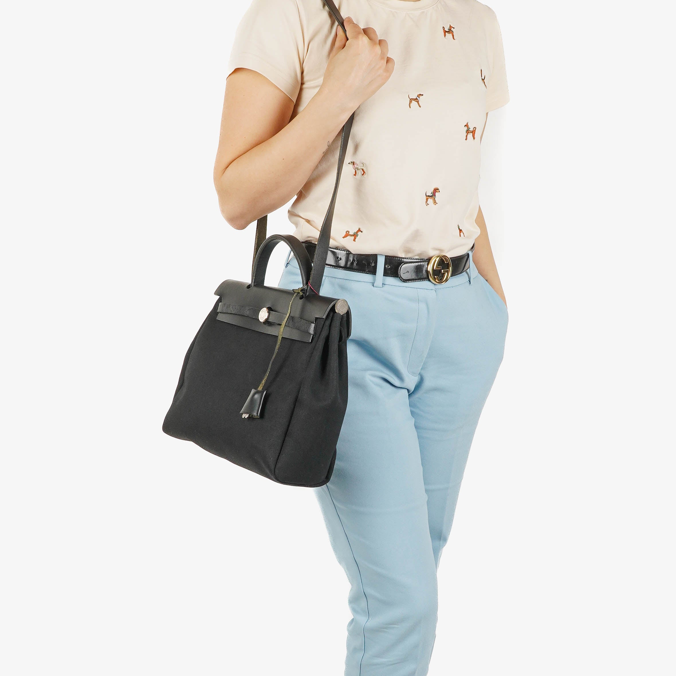 Hermes Herbag PM Vache Hunter Noir Canvas 2 Way With Palladium Hardware