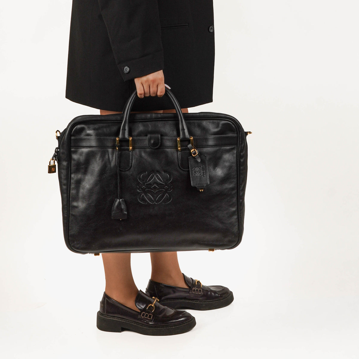 Loewe Black Leather Anagram Travel Bag