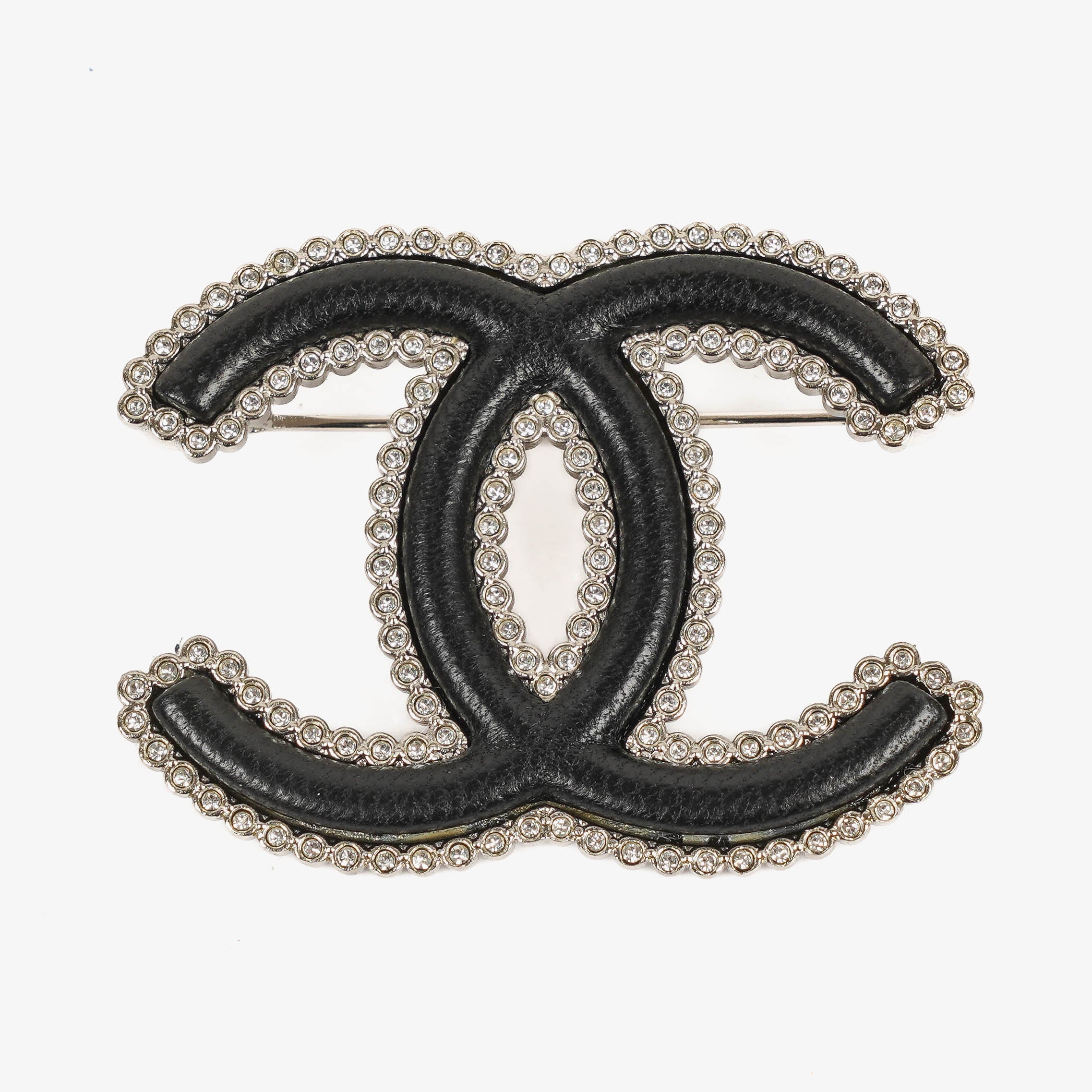 Chanel Metal And Black Leather CC Brooch