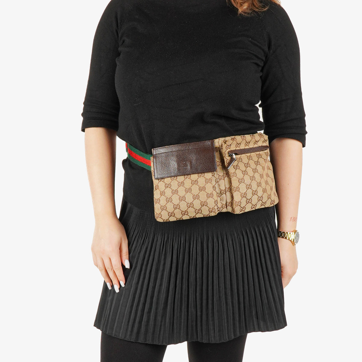 Gucci GG Beige/Green Monogram Canvas Belt Bag