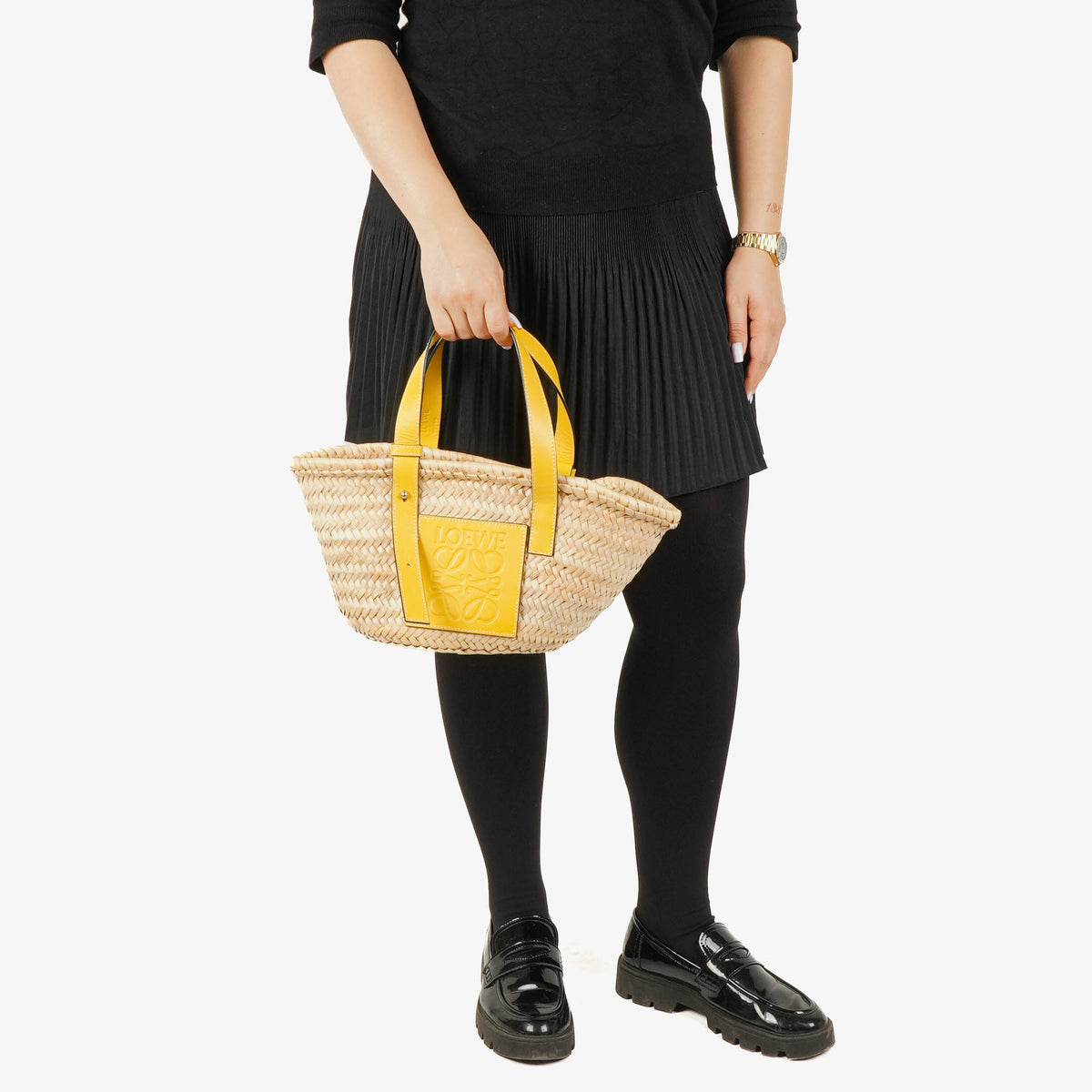 Loewe Neutral/Yellow Raffia Basket Bag