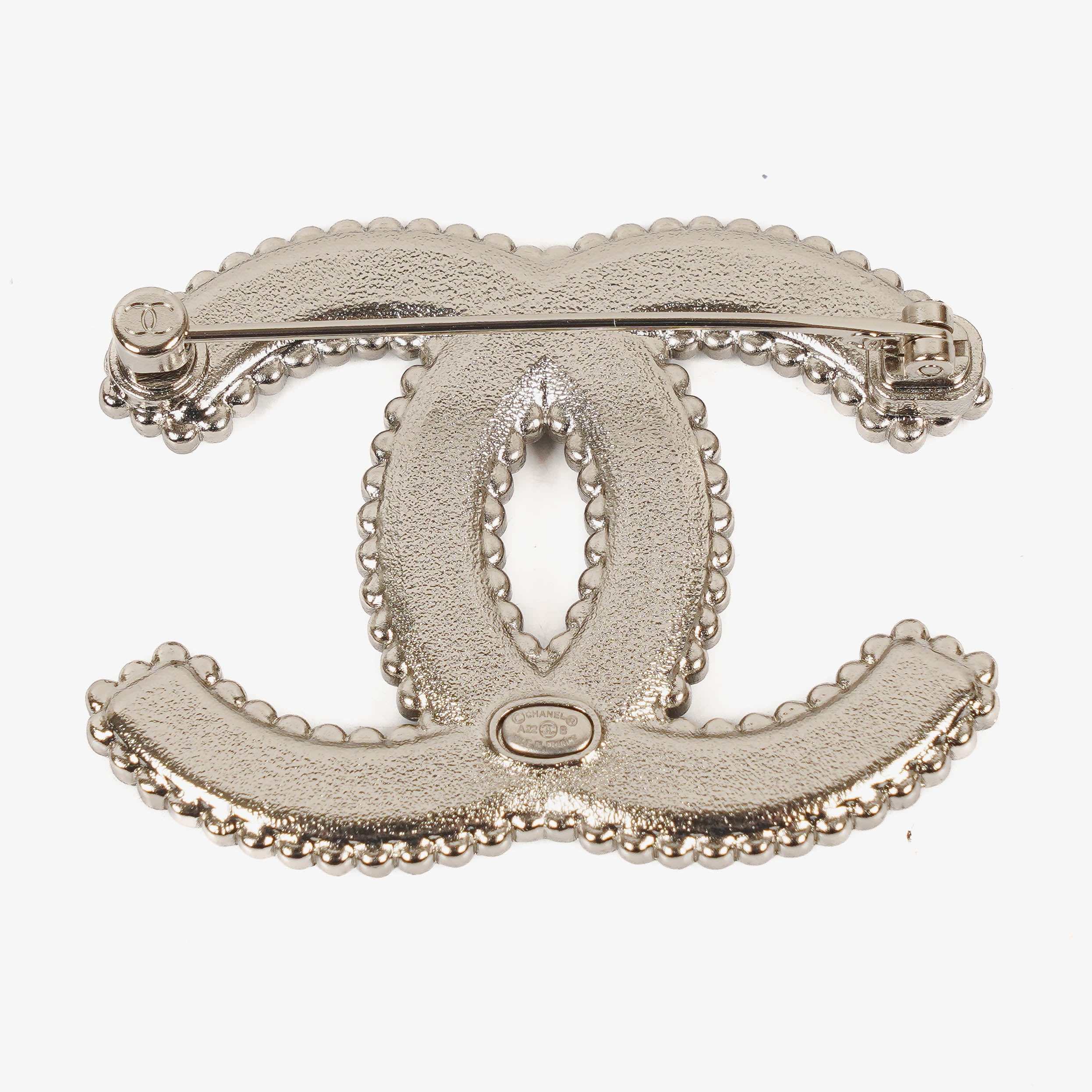 Chanel Metal And Black Leather CC Brooch