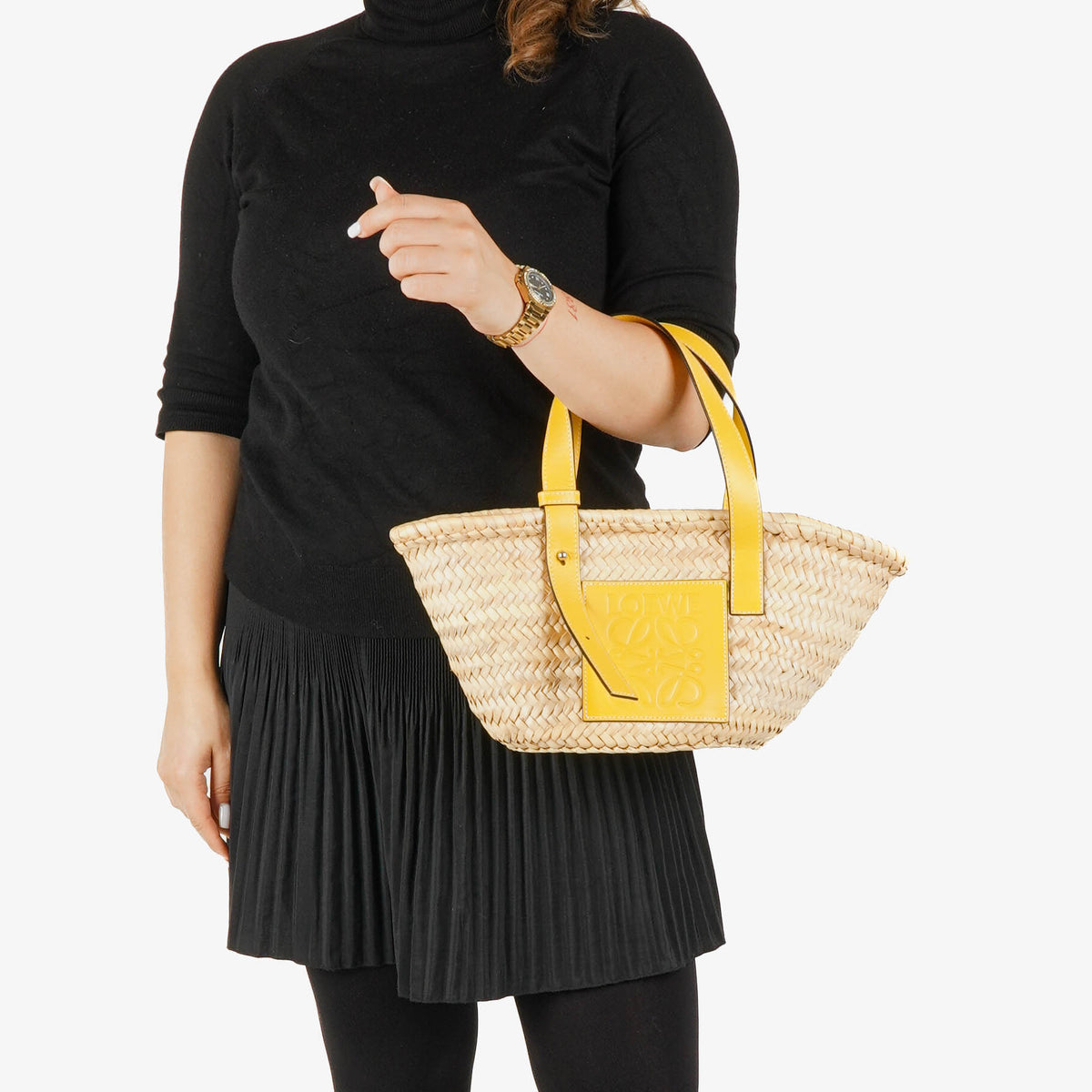Loewe Neutral/Yellow Raffia Basket Bag