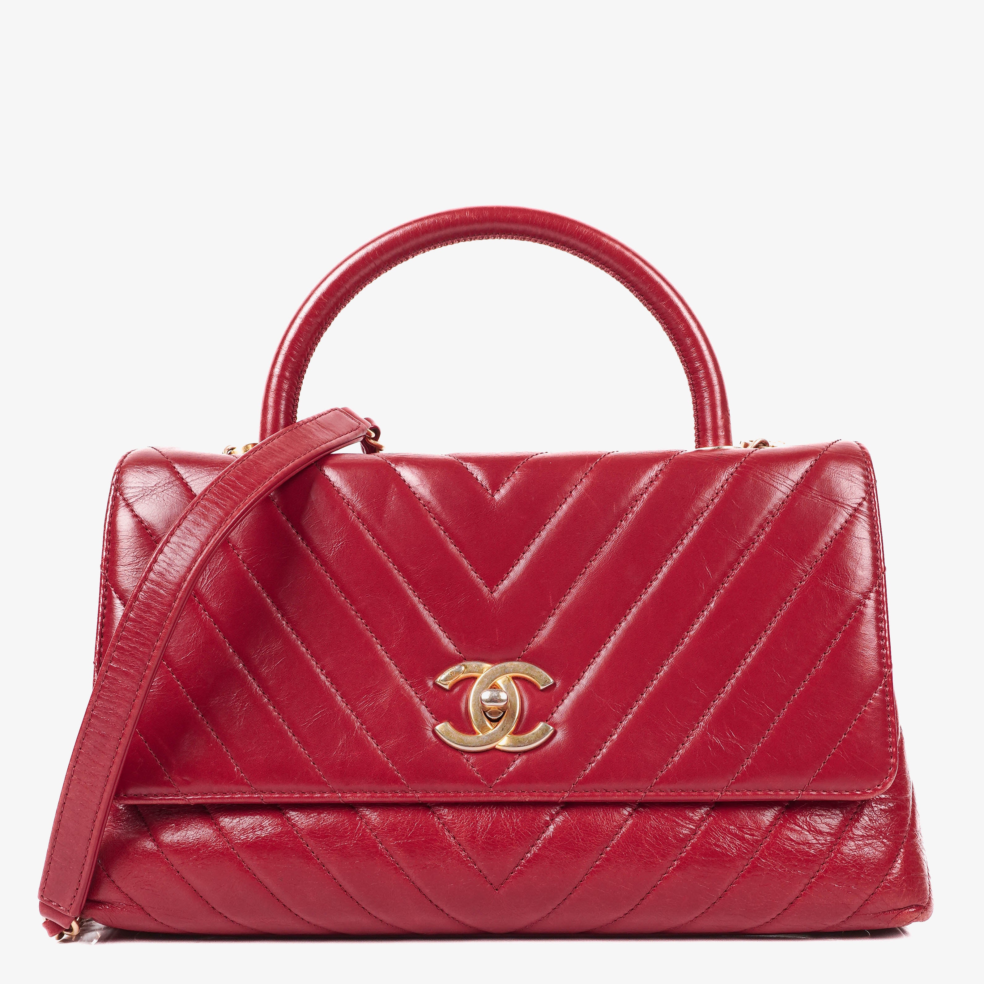 Chanel Large Red Chevron Quilted Calfskin Coco Handle Flap 