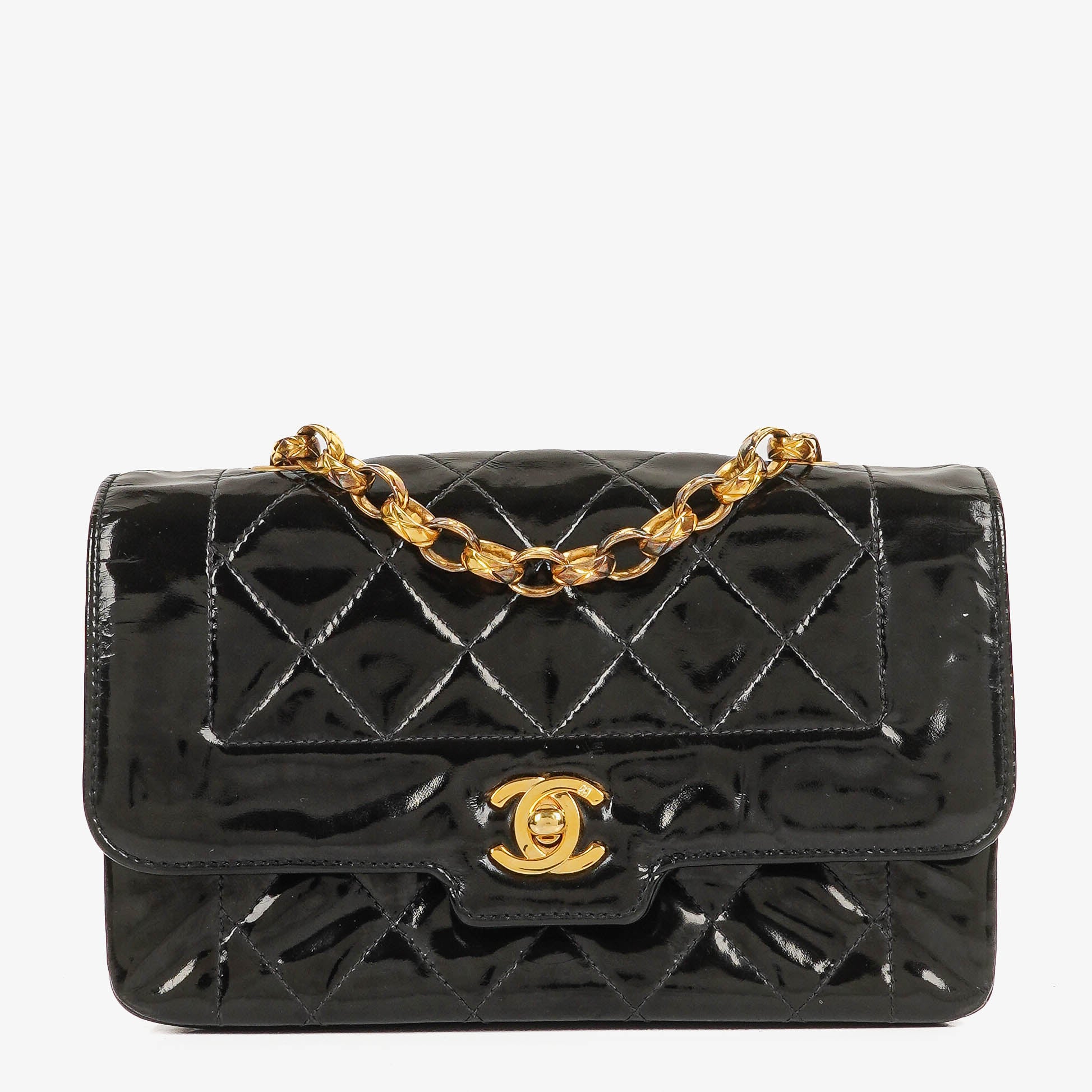 Chanel Mini Full Flap Black Quilted Patent Leather Vintage Bag