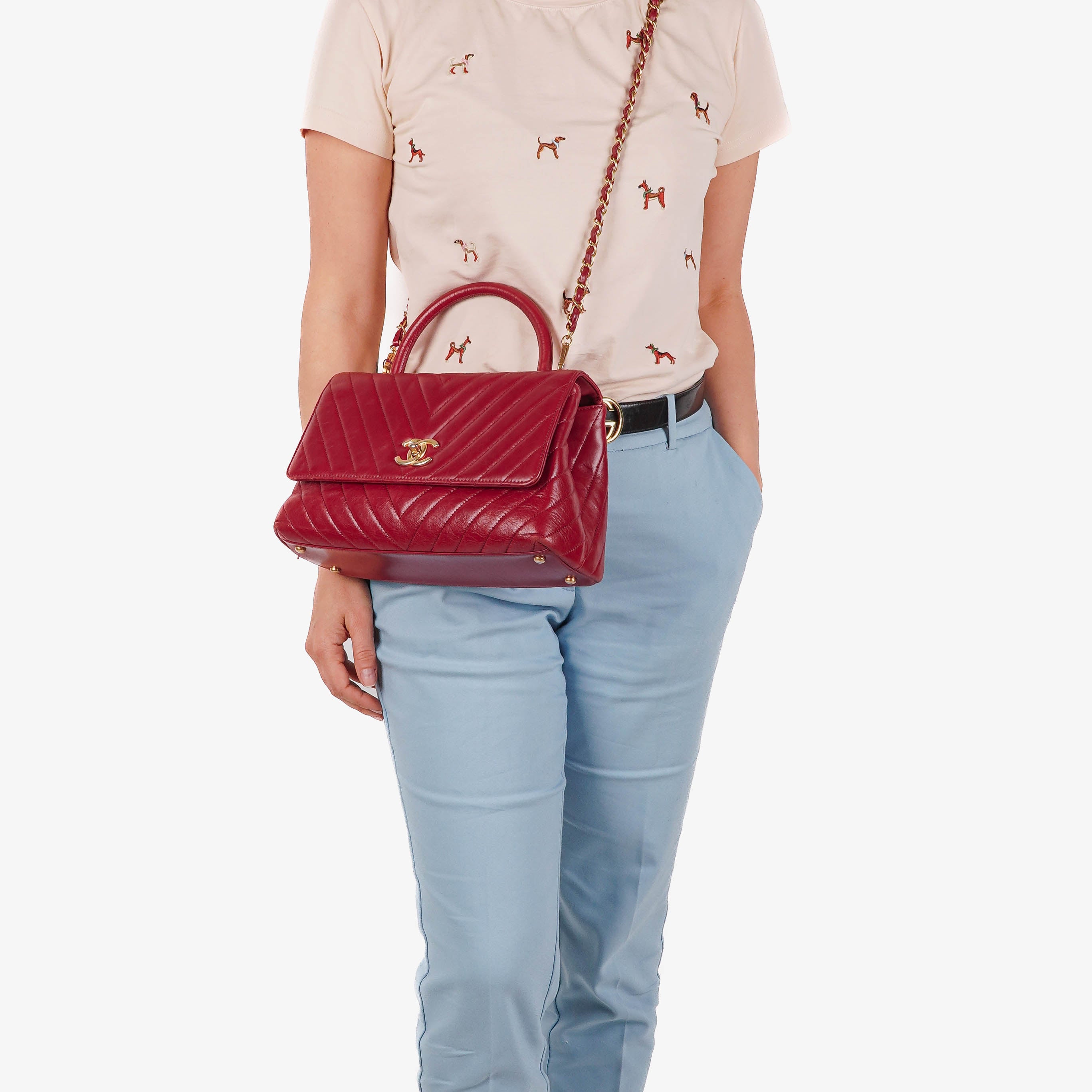 Chanel Large Red Chevron Quilted Calfskin Coco Handle Flap 