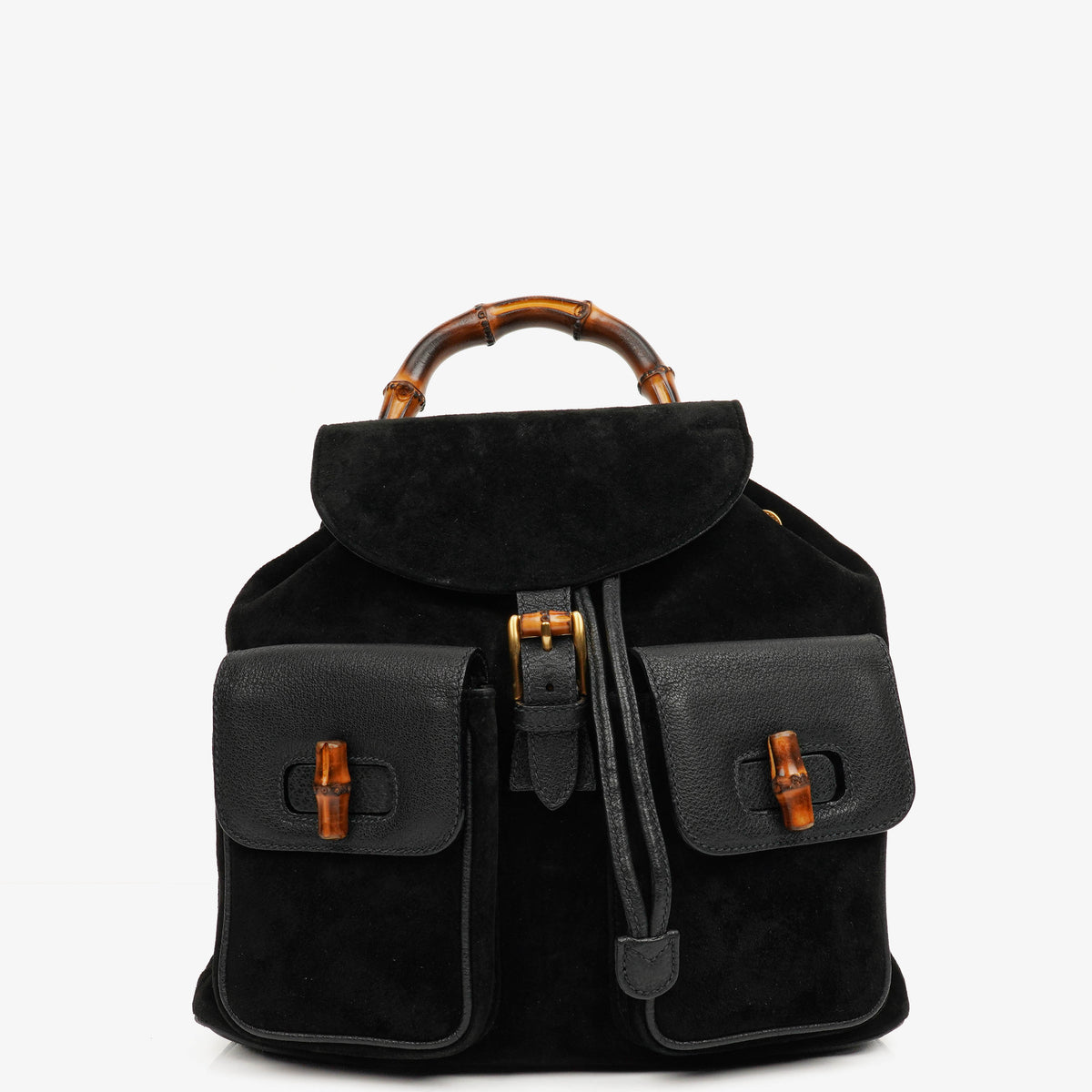 Gucci Vintage Black Suede and Leather Bamboo Backpack