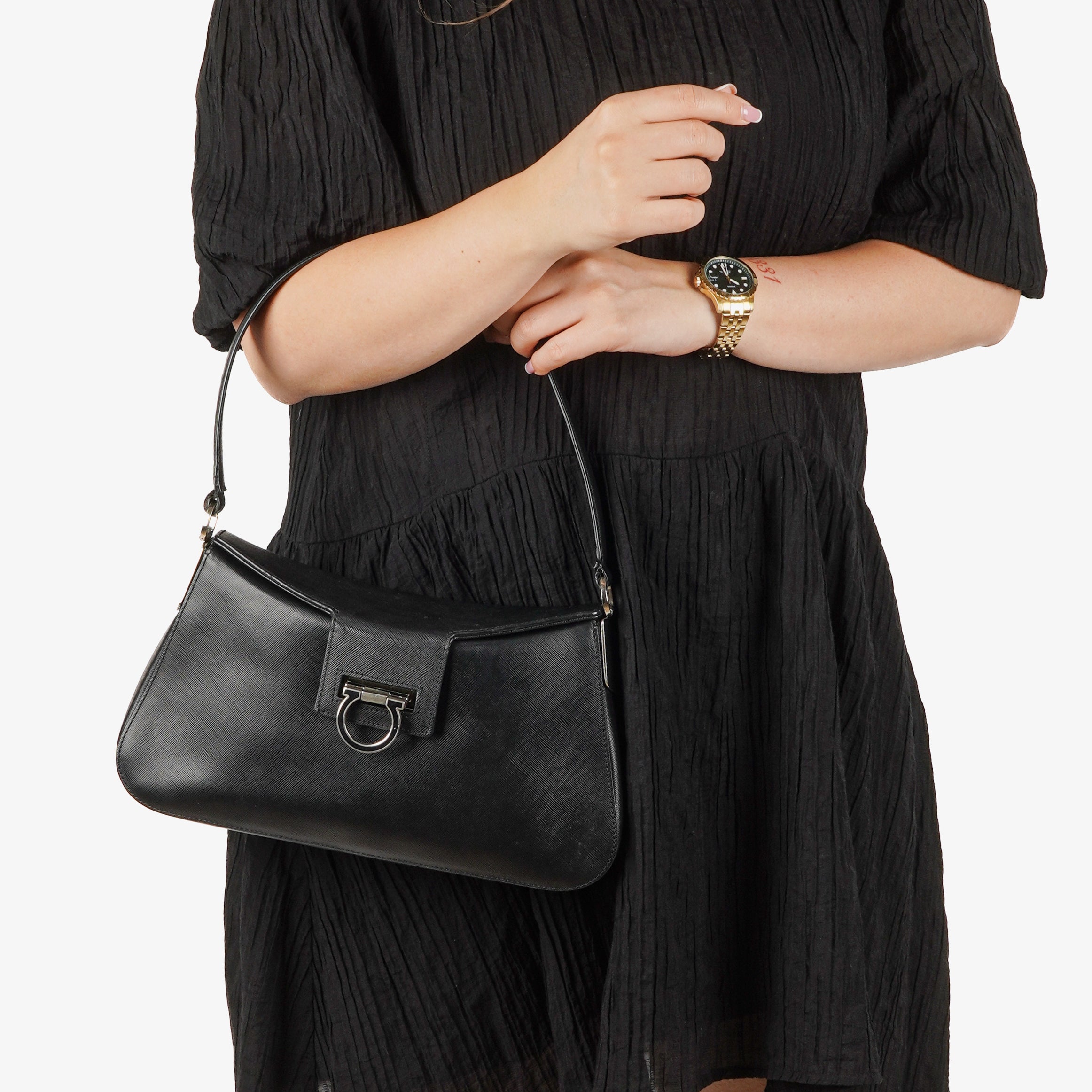 Salvatore Ferragamo Gancini Saffiano Leather Shoulder Bag