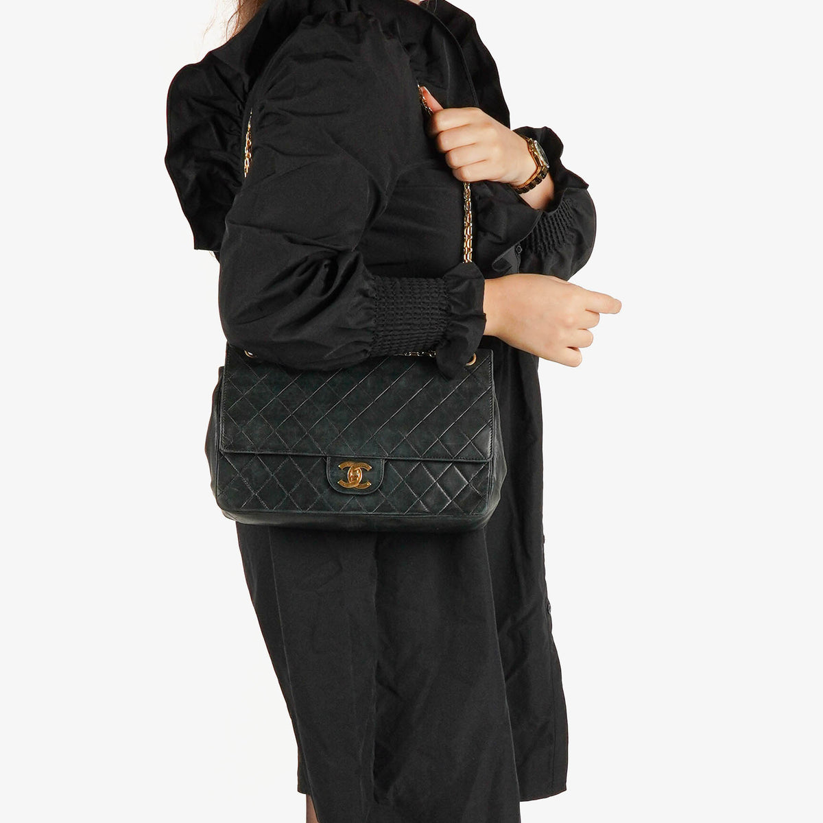 Chanel Medium Double Flap Bag Black Quilted Lambskin With 24K Gold-Plated Hardware And Mademoiselle Chain