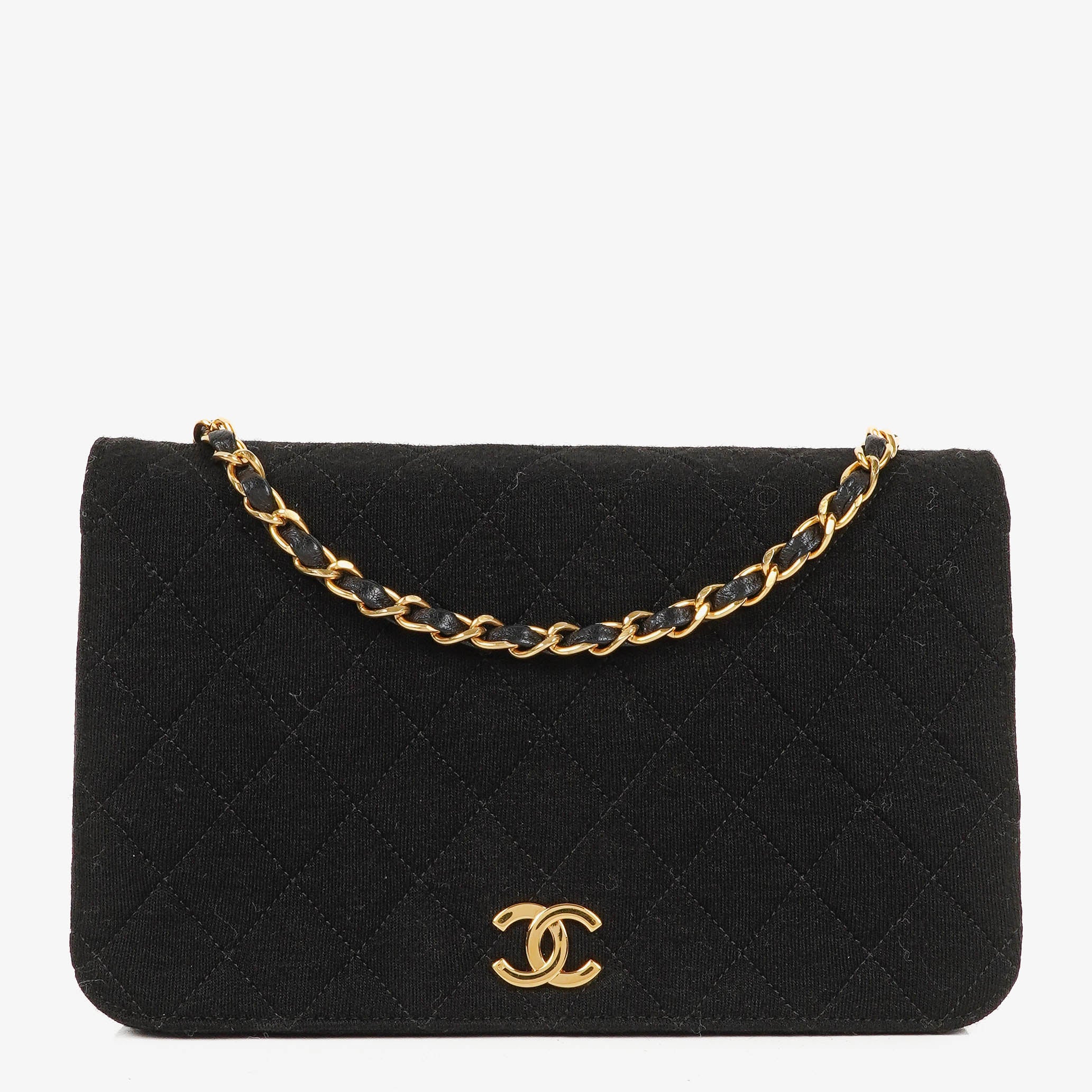 Chanel Classic Full Flap Bag Black Quilted Jersey And Leather 24K Gold-Plated Hardware