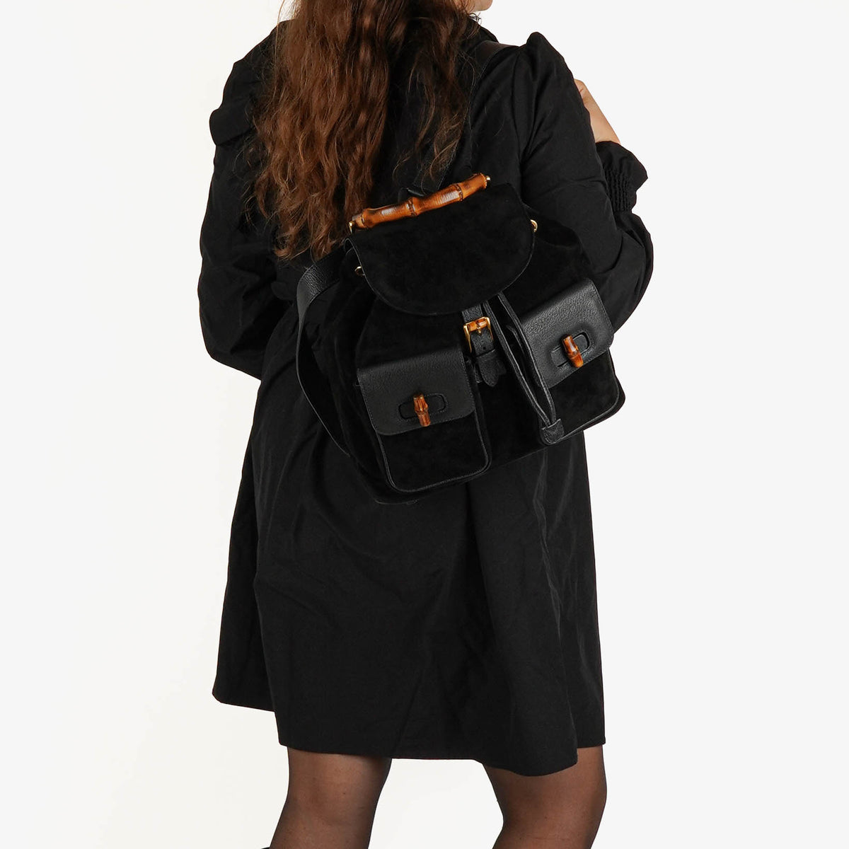 Gucci Vintage Black Suede and Leather Bamboo Backpack