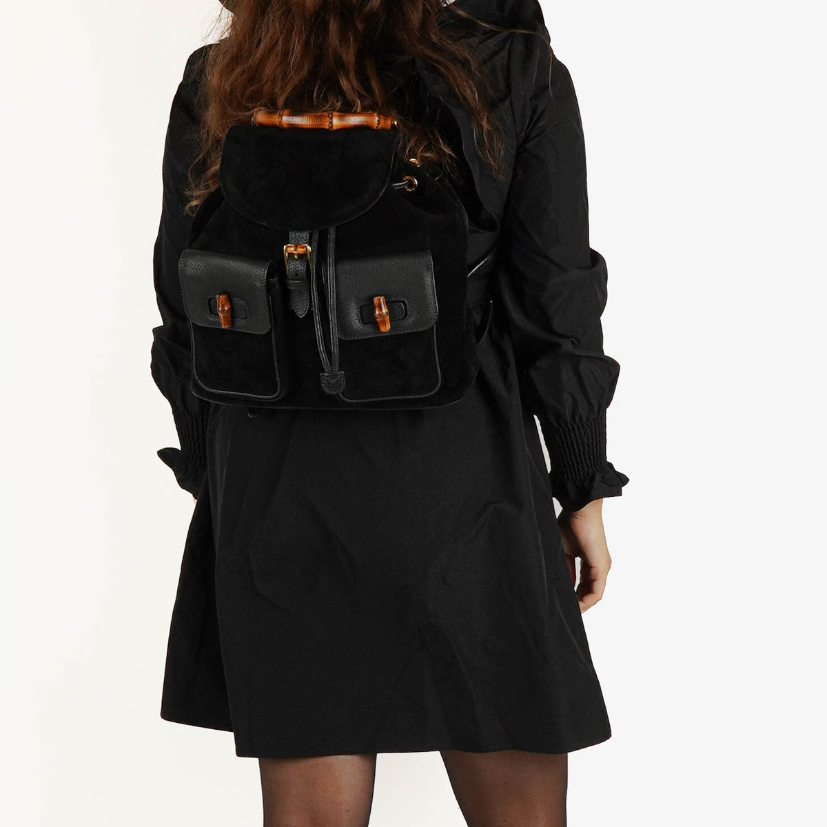Gucci Vintage Black Suede and Leather Bamboo Backpack