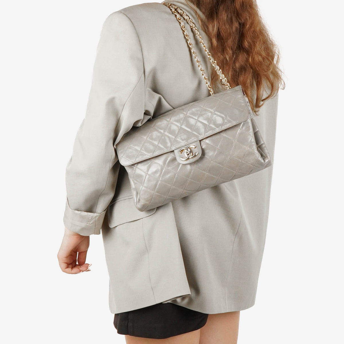 Chanel Grey Quilted Crumpled Calfskin Single Flap Bag