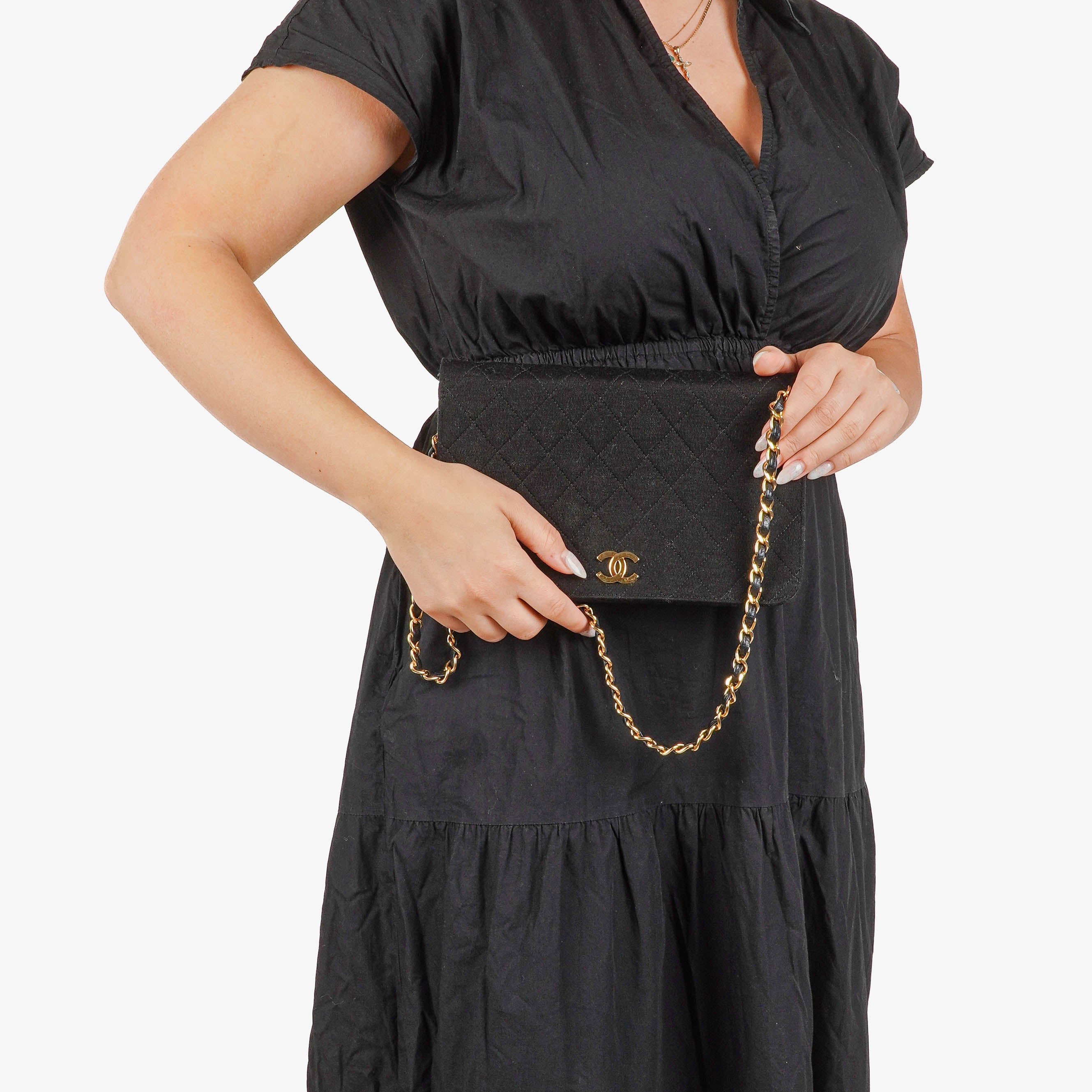 Chanel Classic Full Flap Bag Black Quilted Jersey And Leather 24K Gold-Plated Hardware