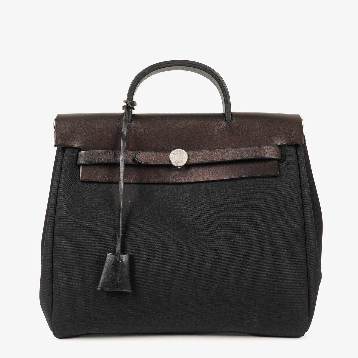 Hermes Herbag PM Vache Hunter Noir Toile 2 Way Backpack With Palladium Hardware