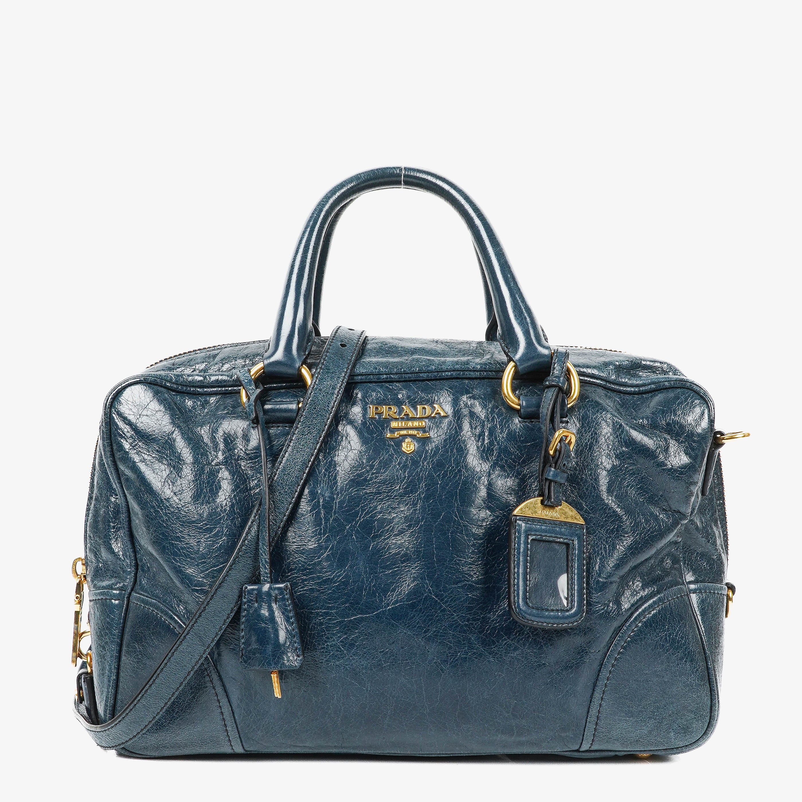 Prada Bauletto Vitello Denim Blue Shine Leather Bag