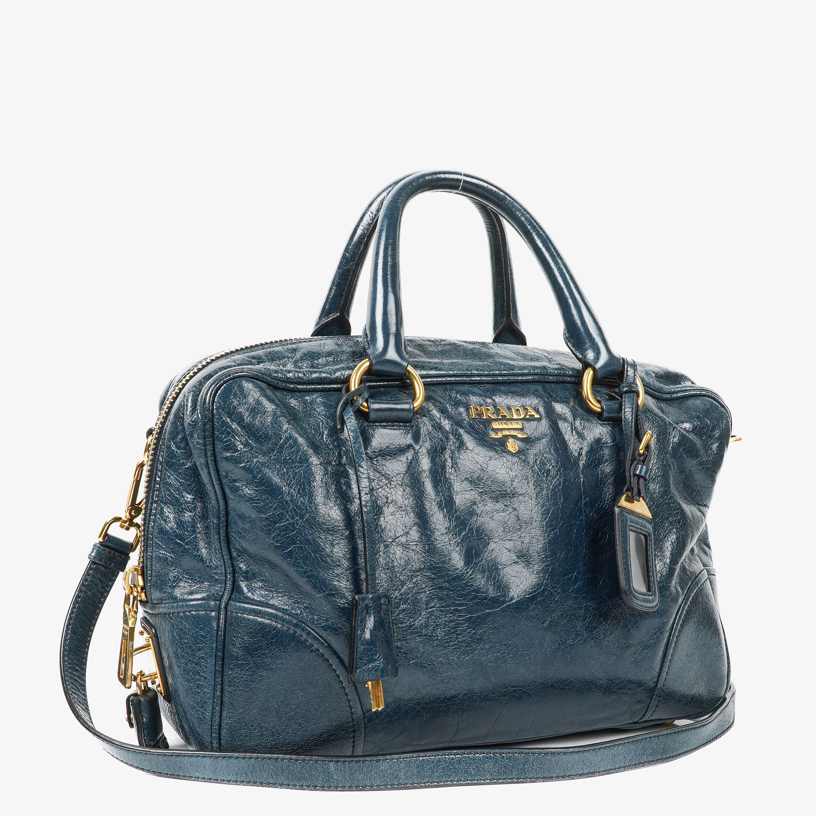 Prada Bauletto Vitello Denim Blue Shine Leather Bag