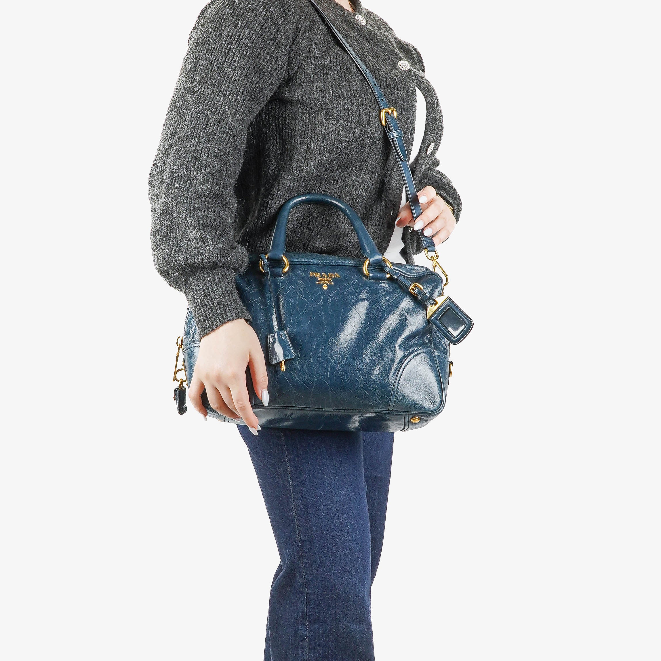 Prada Bauletto Vitello Denim Blue Shine Leather Bag
