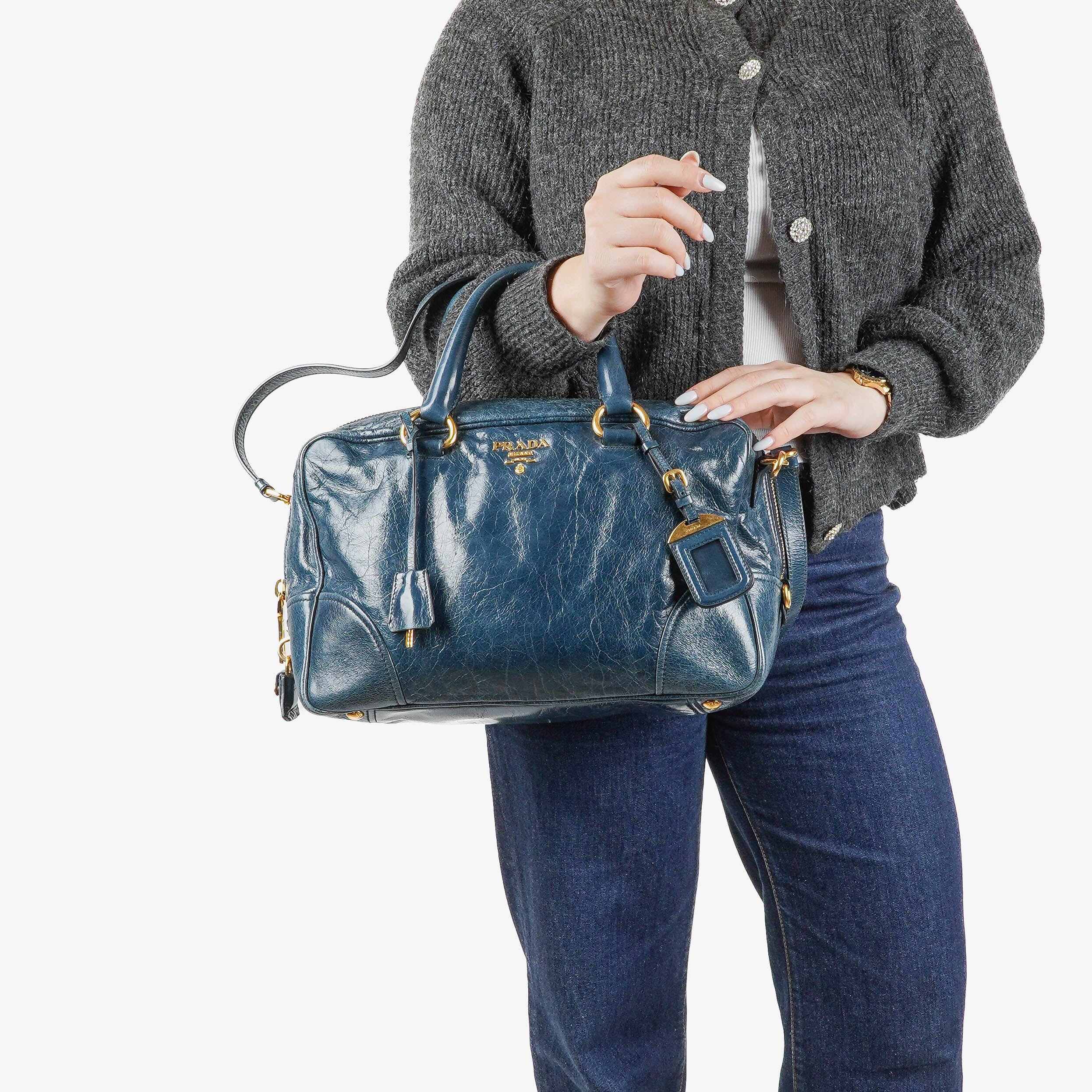 Prada Bauletto Vitello Denim Blue Shine Leather Bag