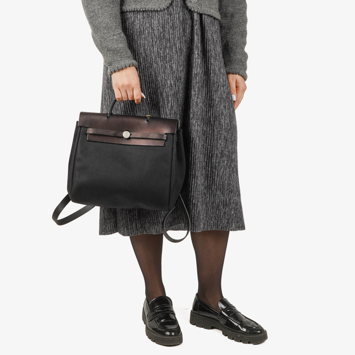 Hermes Herbag PM Vache Hunter Noir Toile 2 Way Backpack With Palladium Hardware