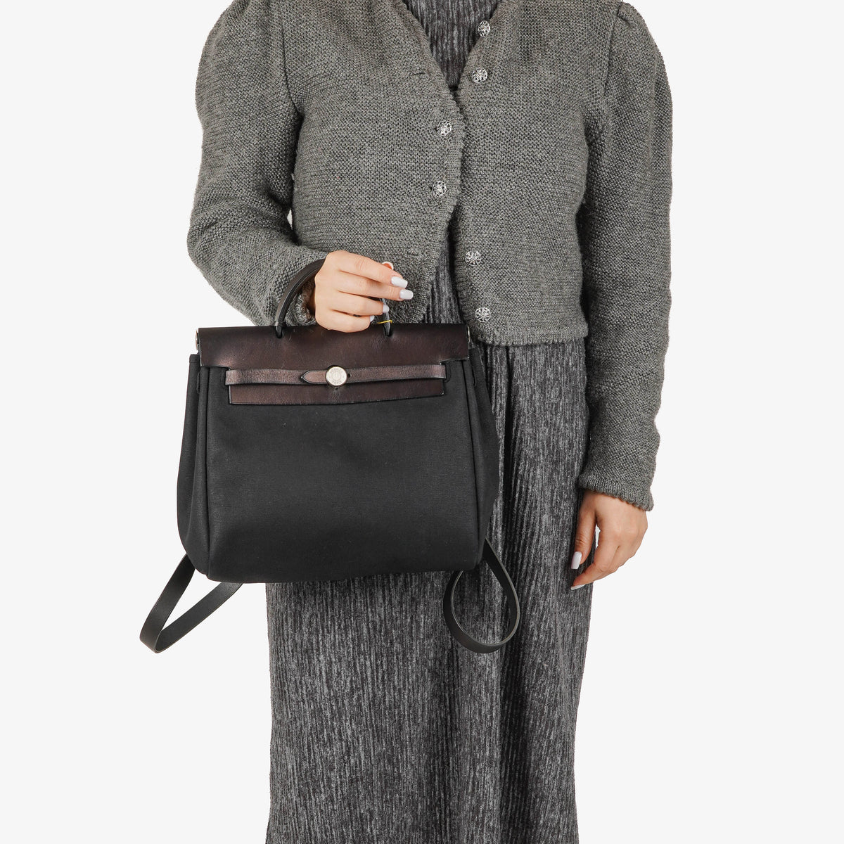 Hermes Herbag PM Vache Hunter Noir Toile 2 Way Backpack With Palladium Hardware