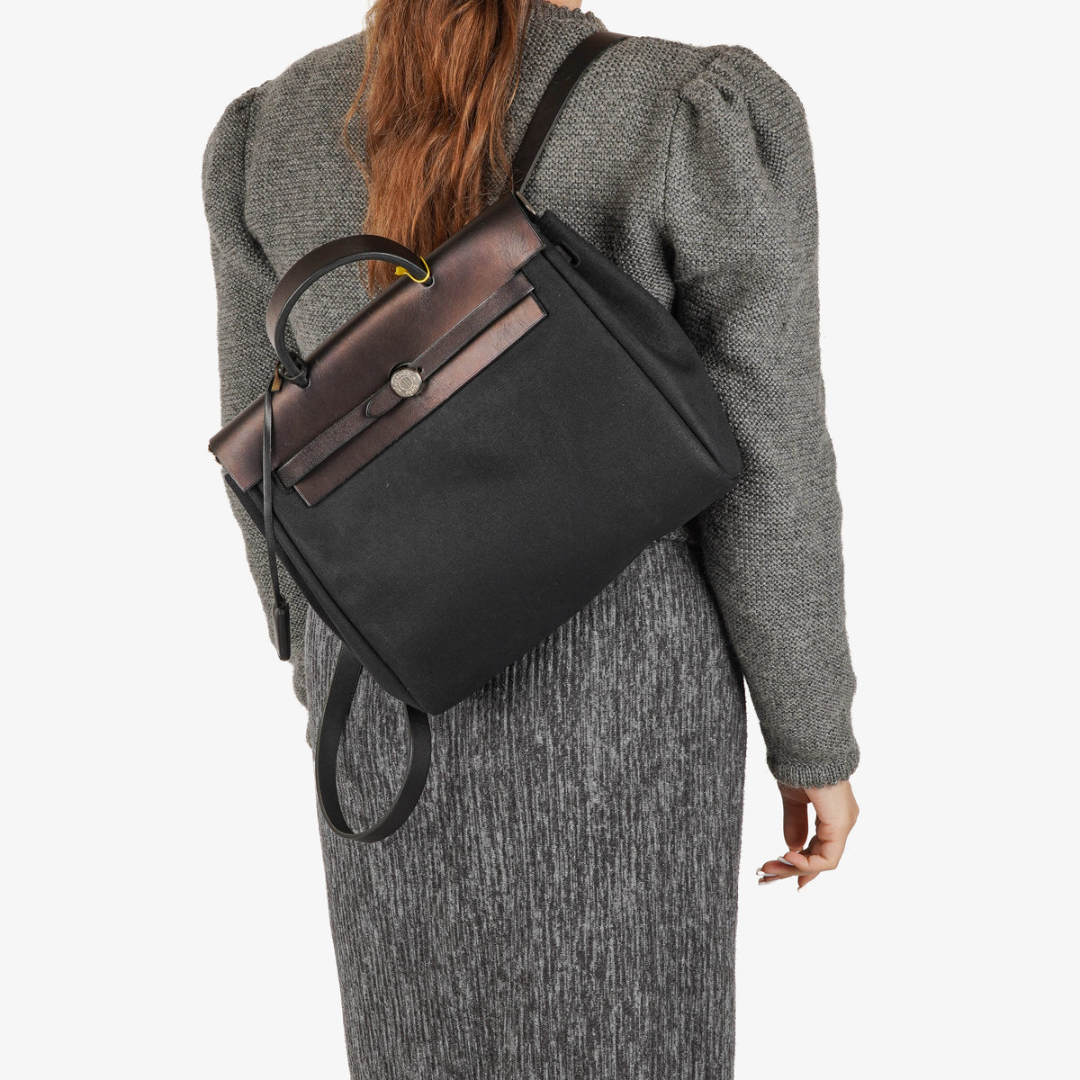 Hermes Herbag PM Vache Hunter Noir Toile 2 Way Backpack With Palladium Hardware