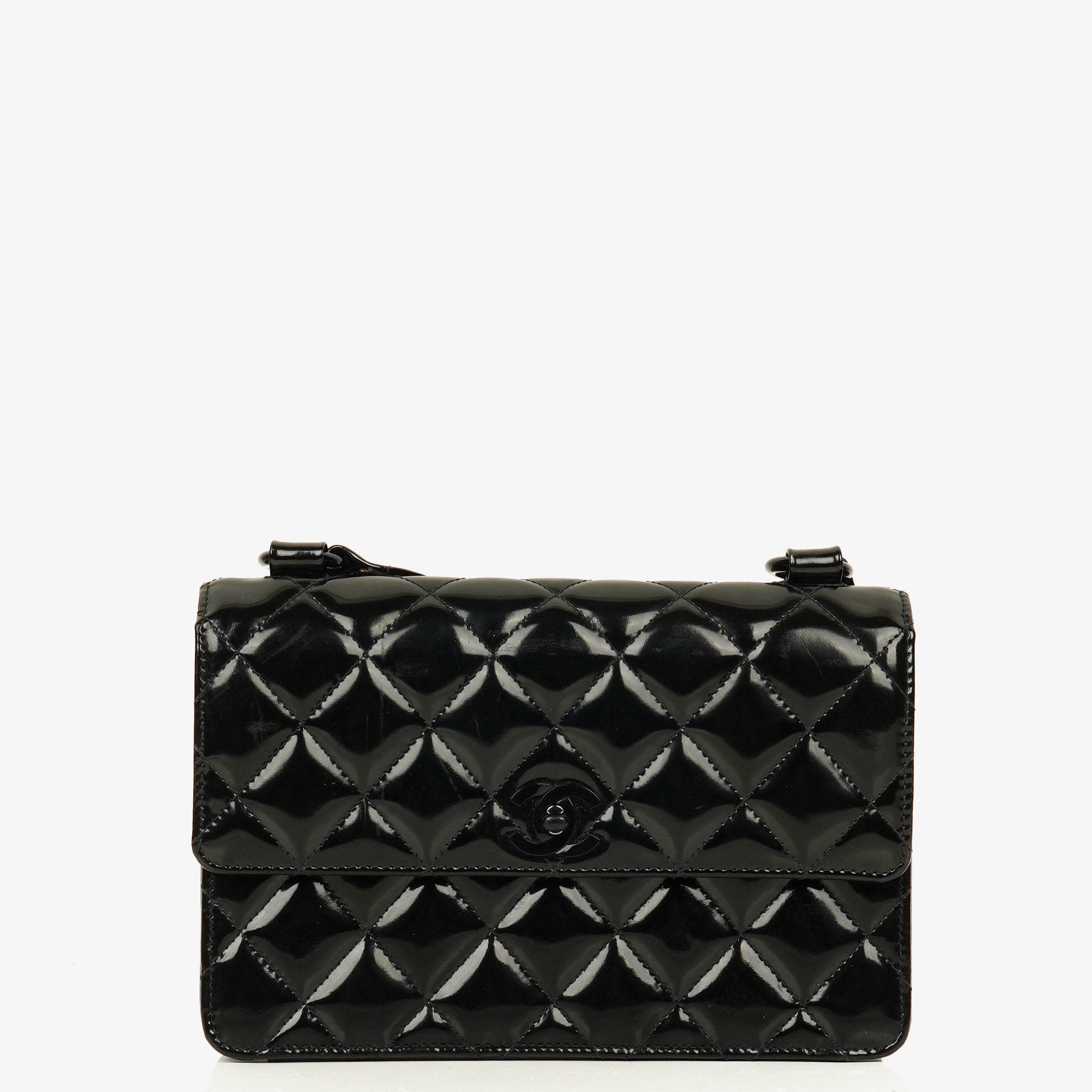 Chanel Small Single Black Quilted Patent Leather Flap Bag