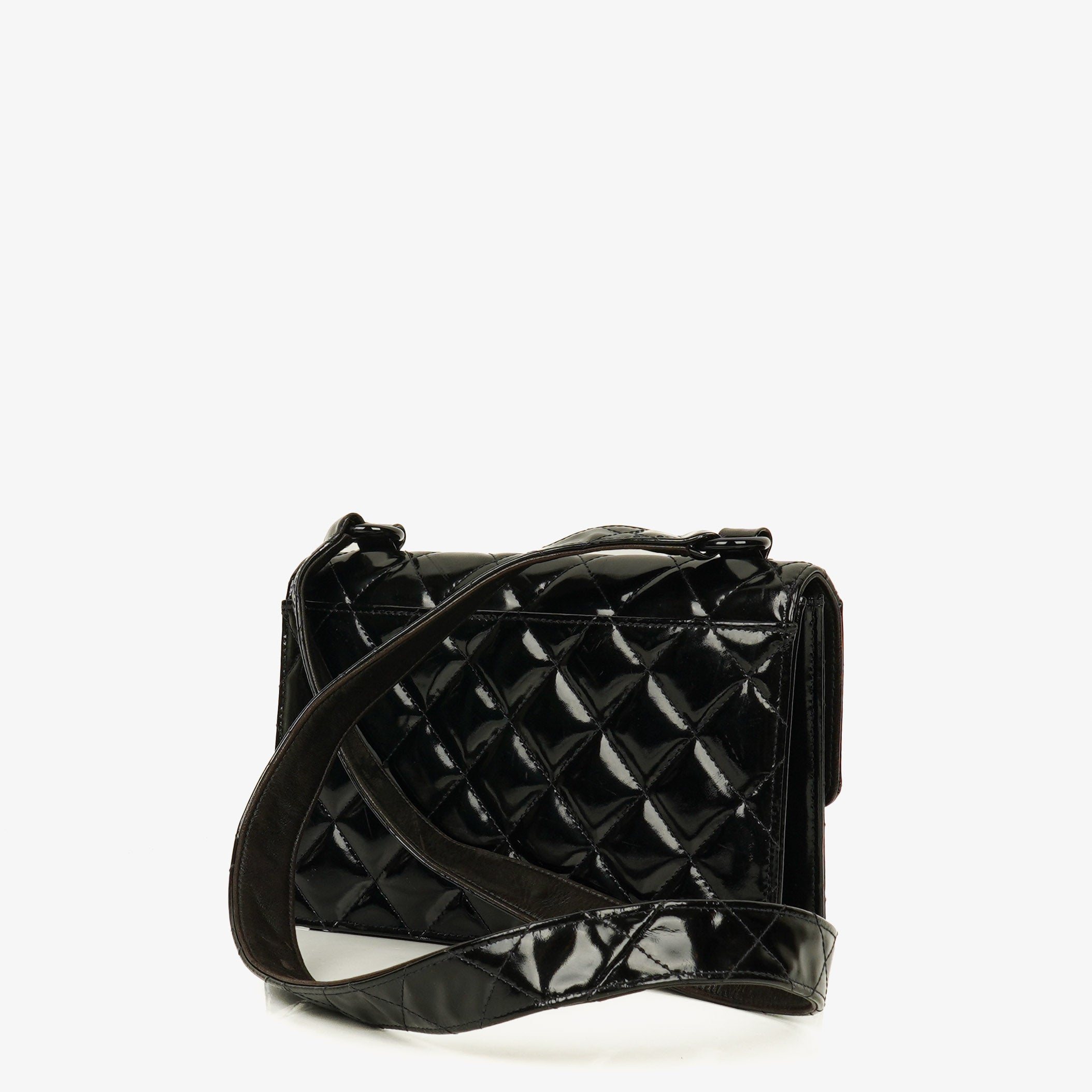 Chanel Small Single Black Quilted Patent Leather Flap Bag