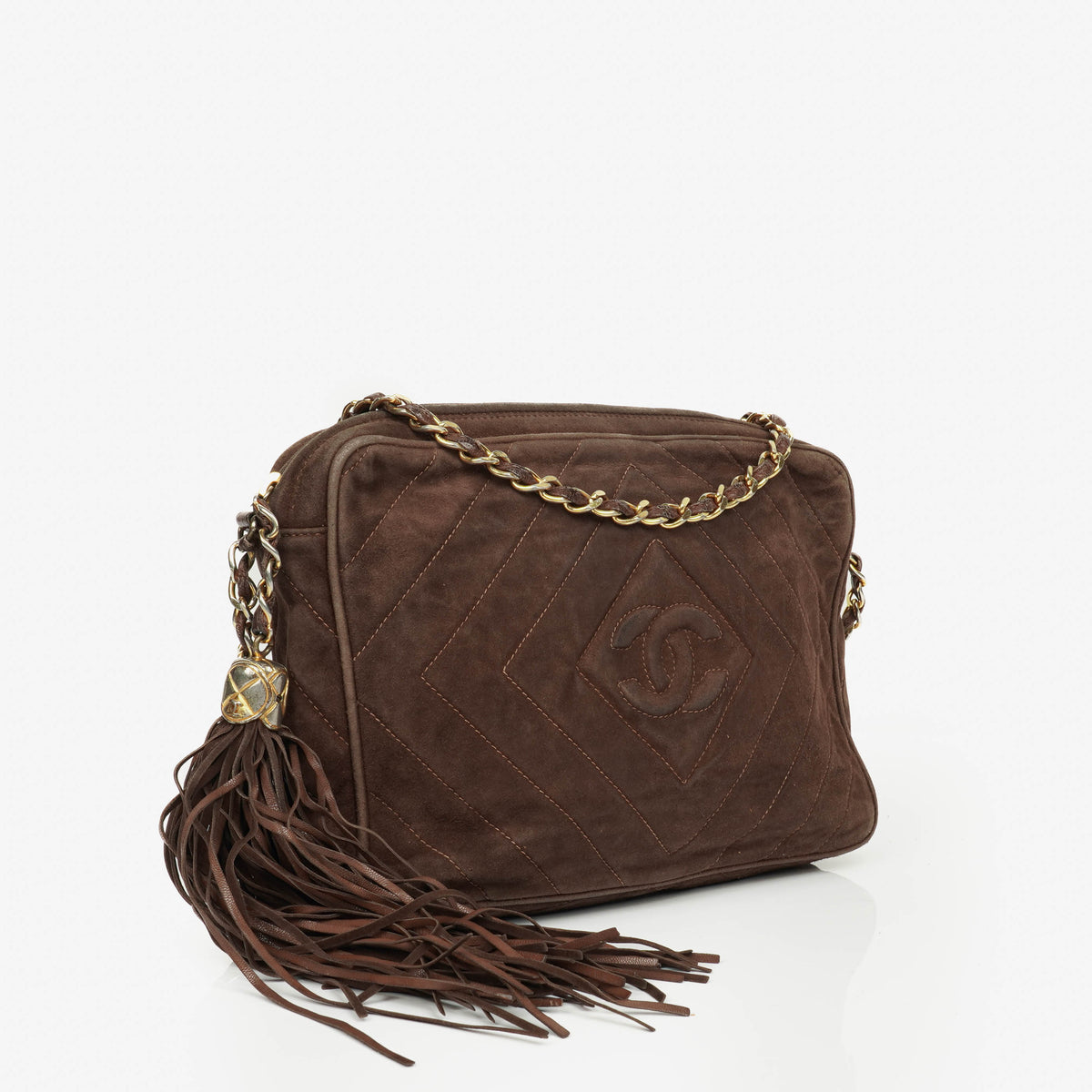 Chanel CC Camera Tassel Vintage Bag In Brown Quilted Suede
