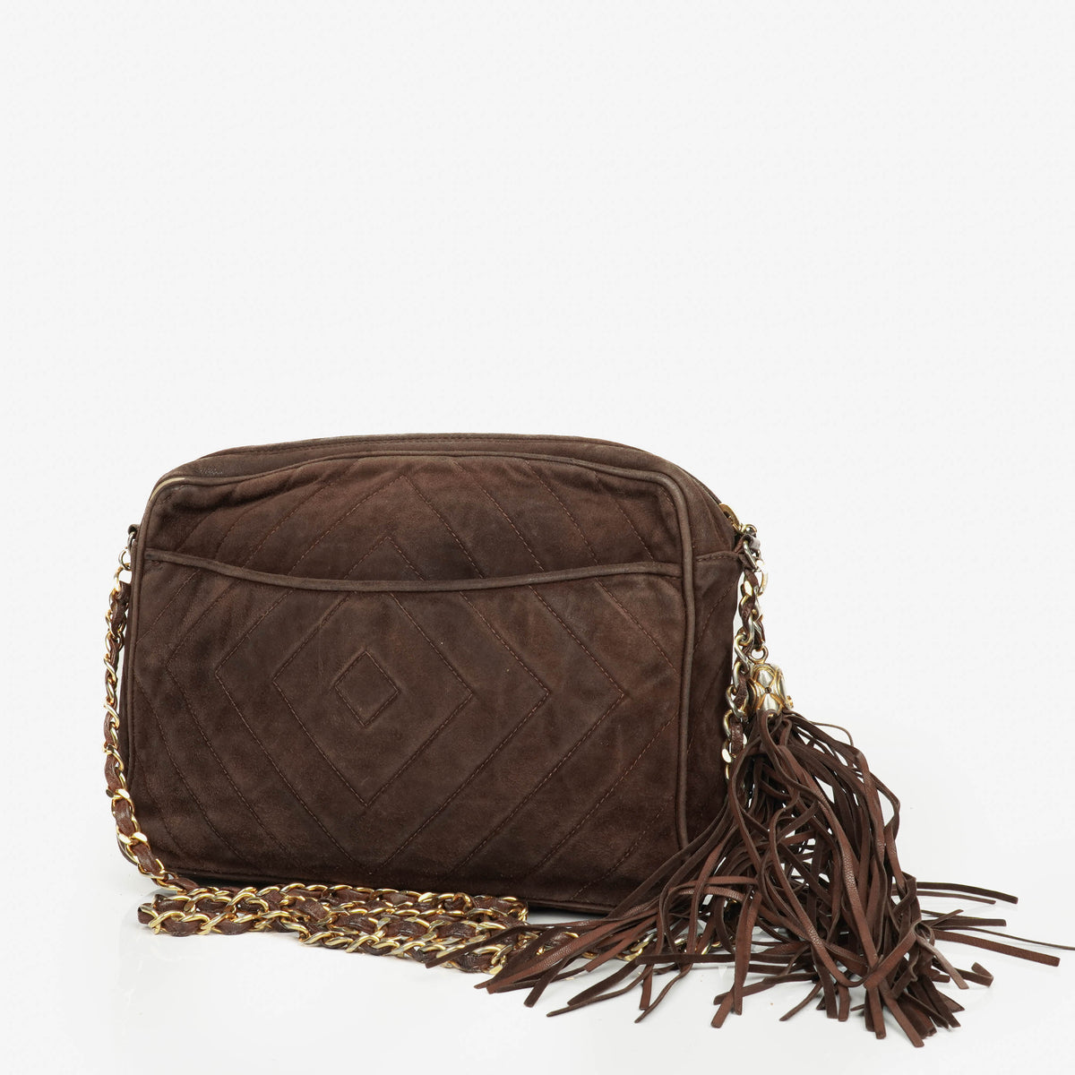 Chanel CC Camera Tassel Vintage Bag In Brown Quilted Suede