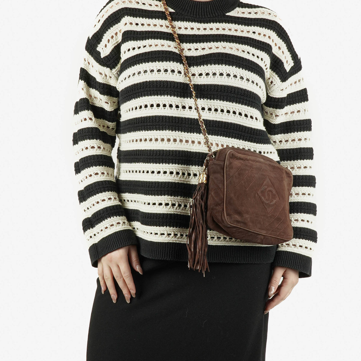 Chanel CC Camera Tassel Vintage Bag In Brown Quilted Suede