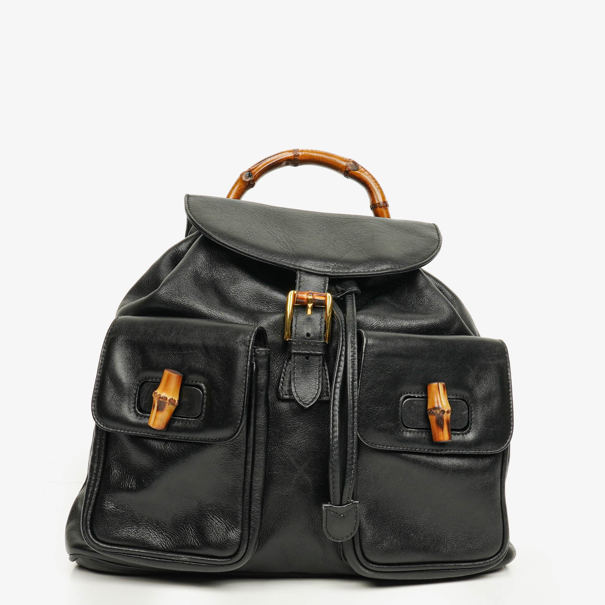 Gucci Vintage Black Leather Bamboo Backpack