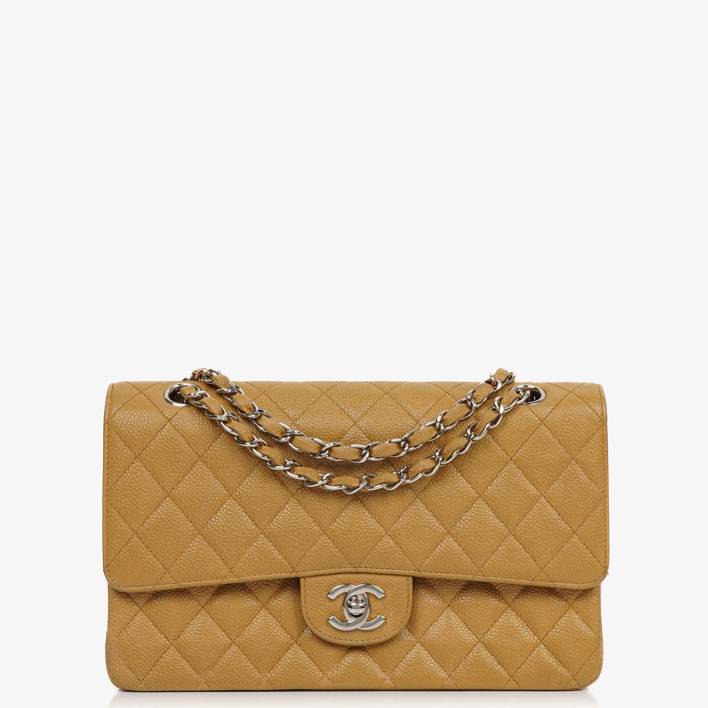 Chanel Medium Classic Vintage Double Flap Bag Beige Quilted Caviar Leather With Silver-Tone Hardware