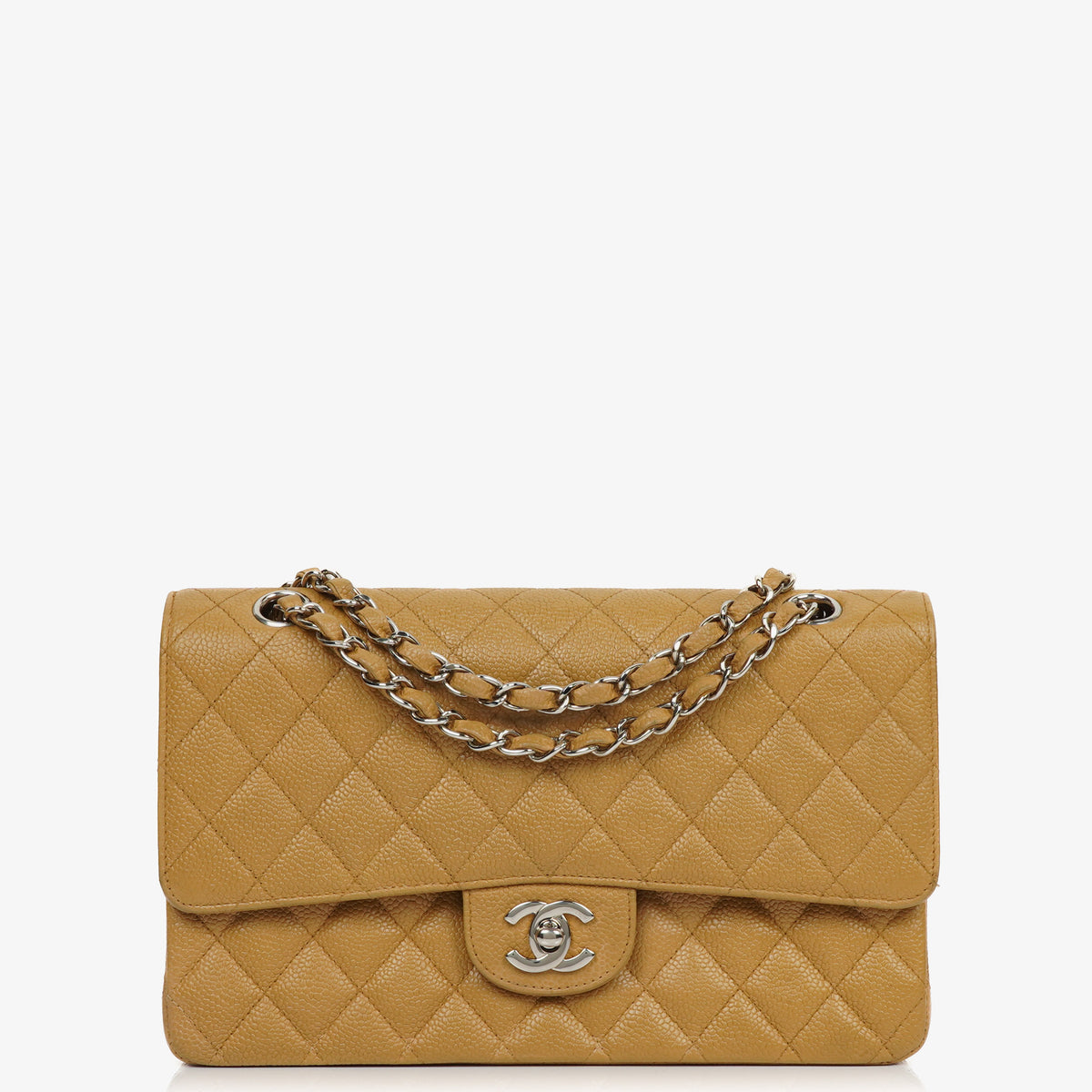 Chanel Medium Classic Vintage Double Flap Bag Beige Quilted Caviar Leather With Silver-Tone Hardware