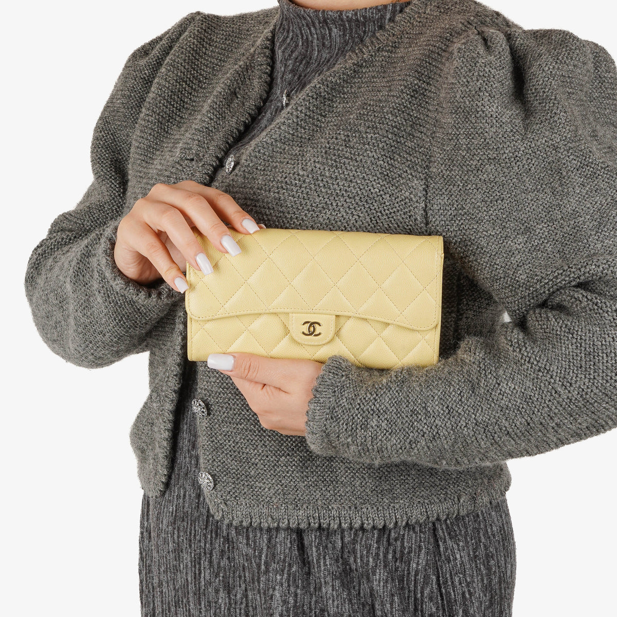 Chanel Quillted Caviar Yellow Leather Flap Wallet