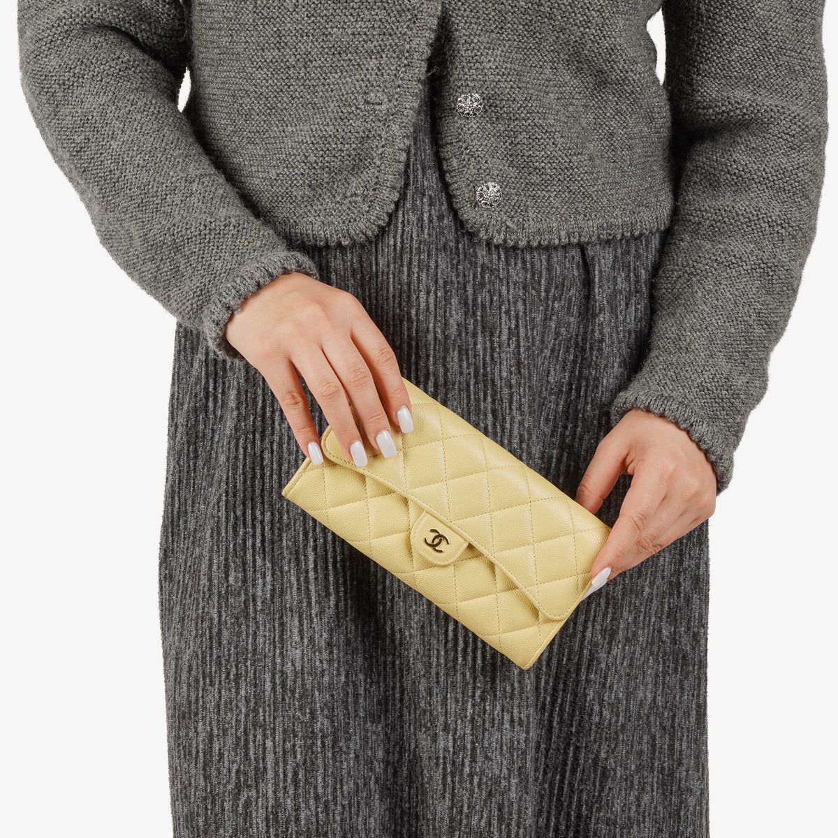 Chanel Quillted Caviar Yellow Leather Flap Wallet